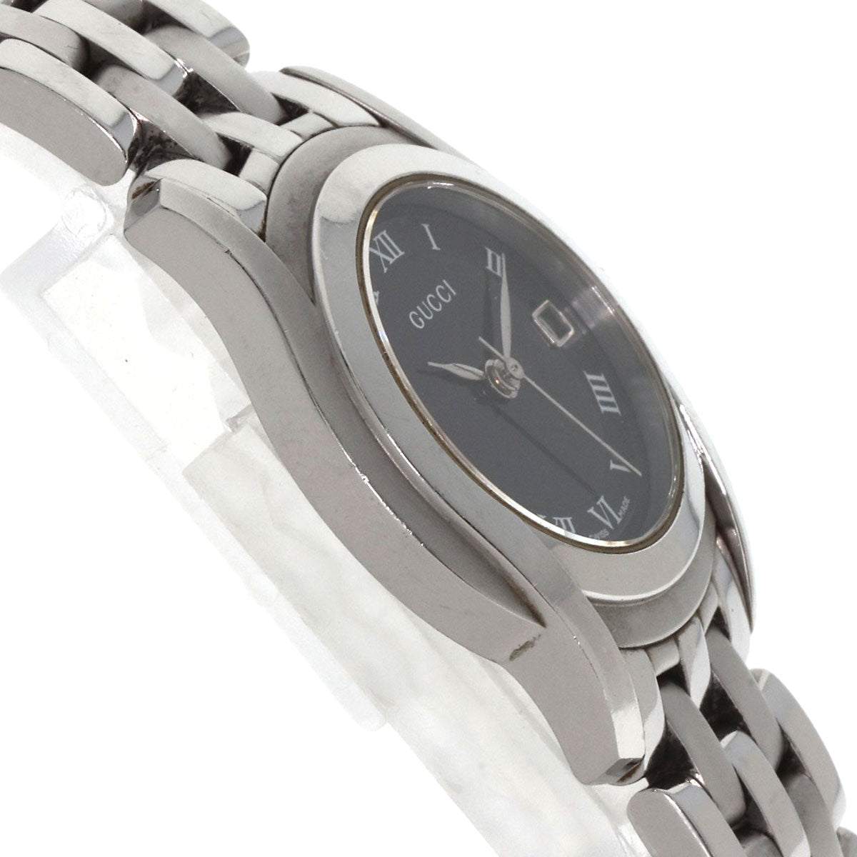 Gucci Watches Quartz 5500L Stainless Steel , Stainless Steel Silver Round Face Black Dial Women