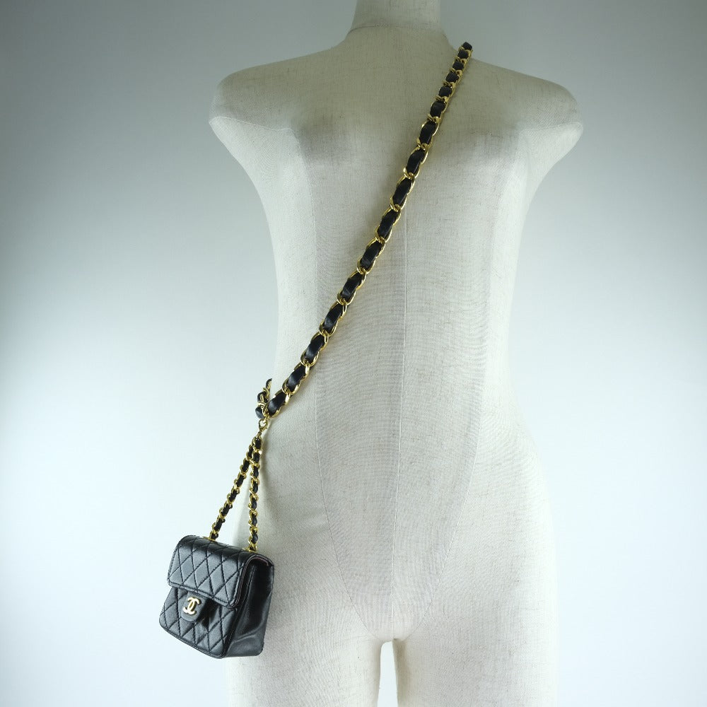 Chanel Waist Bag Lambskin Black Rare Vintage Micro Matrasse Chain Pochette Women