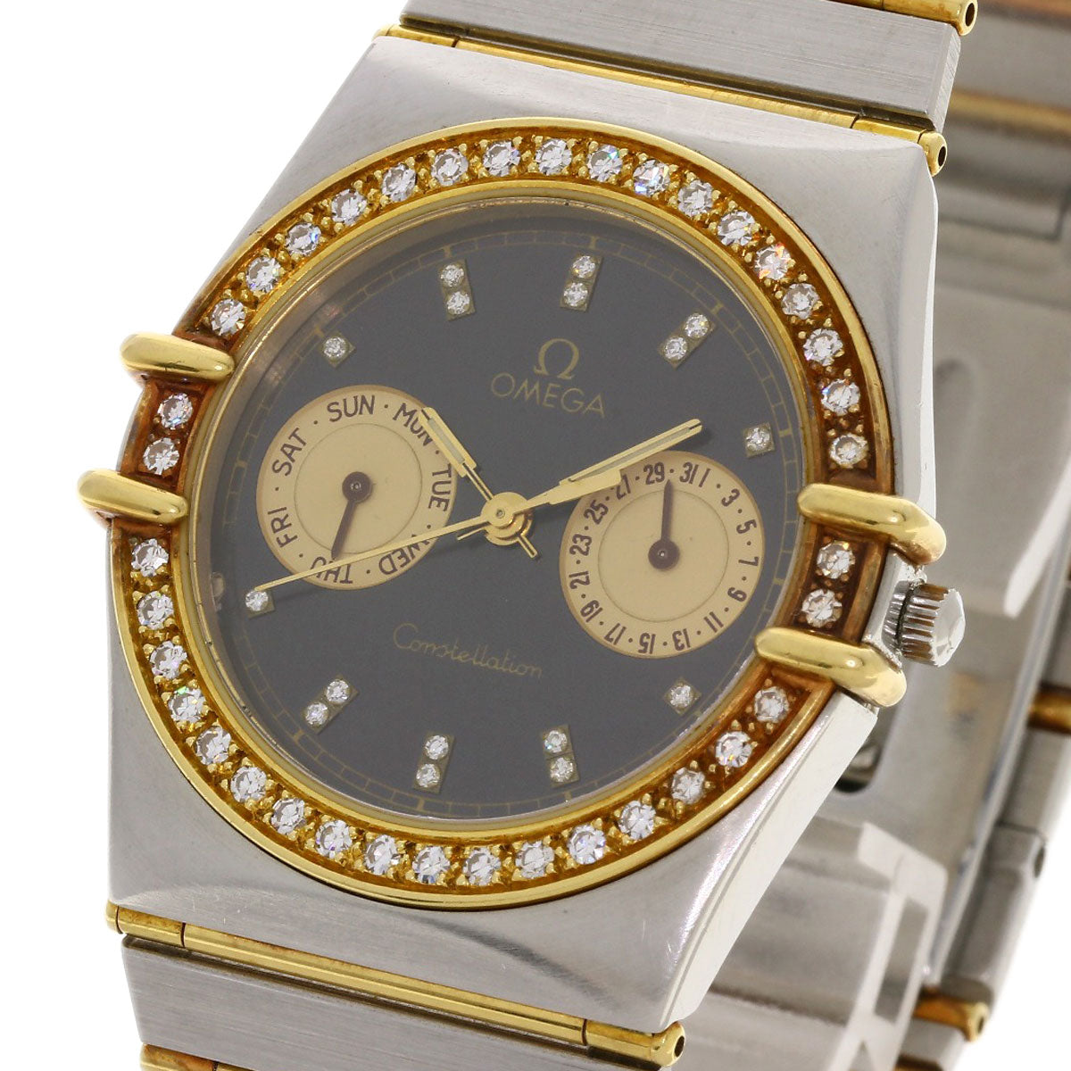 Omega Watches Quartz Stainless Steel, Combination, Diamond Gold Constellation Flat Bezel Full Bar