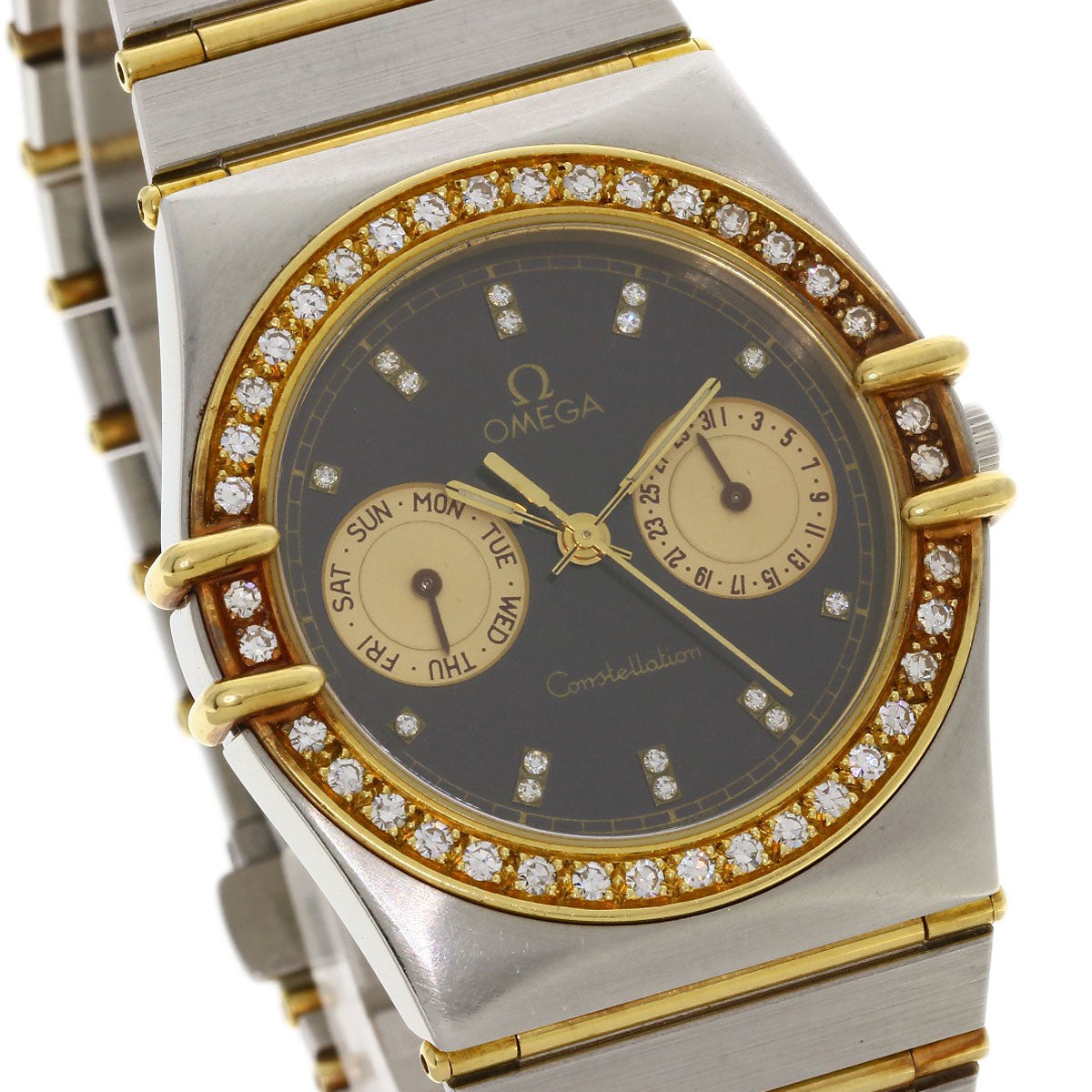 Omega Watches Quartz Stainless Steel, Combination, Diamond Gold Constellation Flat Bezel Full Bar