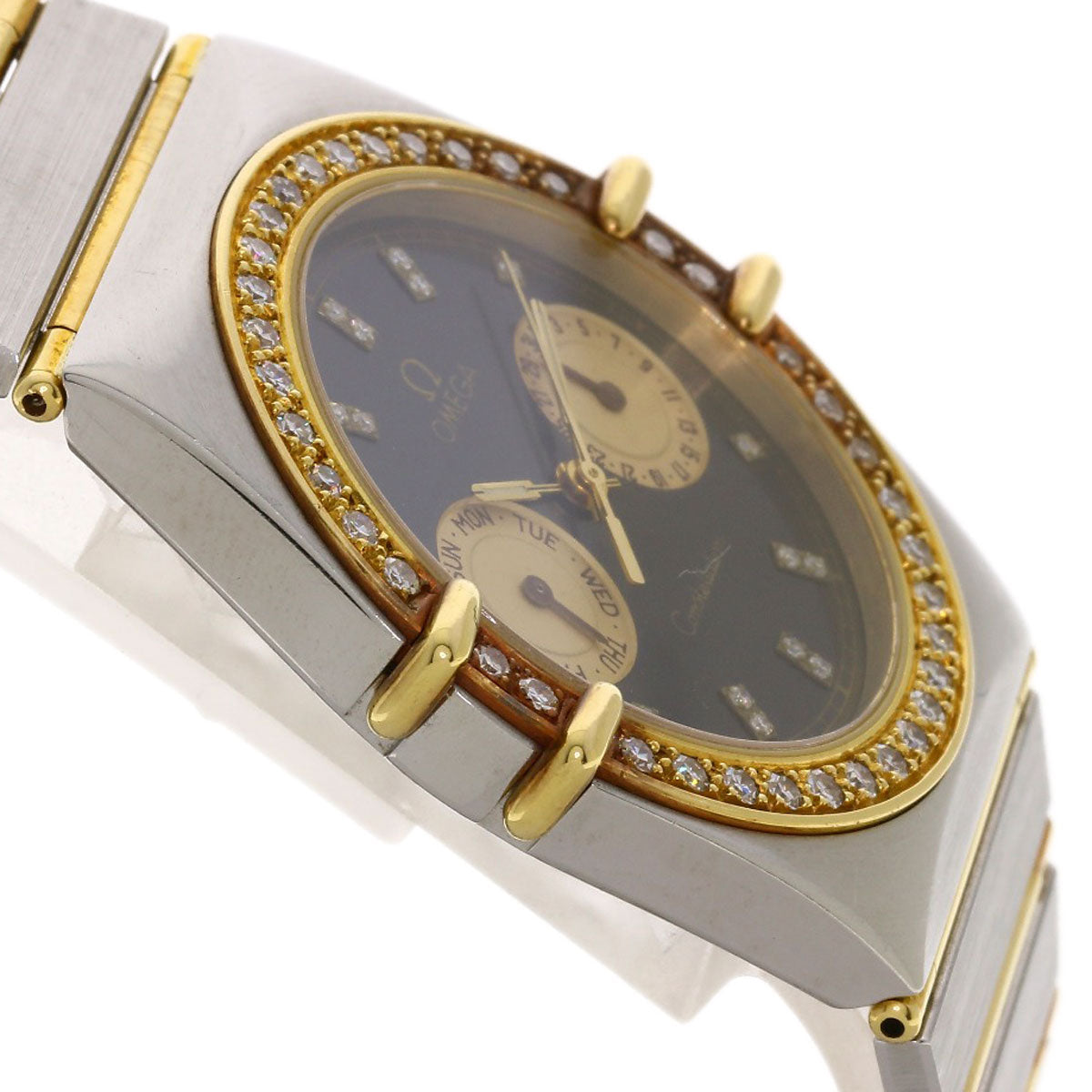 Omega Watches Quartz Stainless Steel, Combination, Diamond Gold Constellation Flat Bezel Full Bar