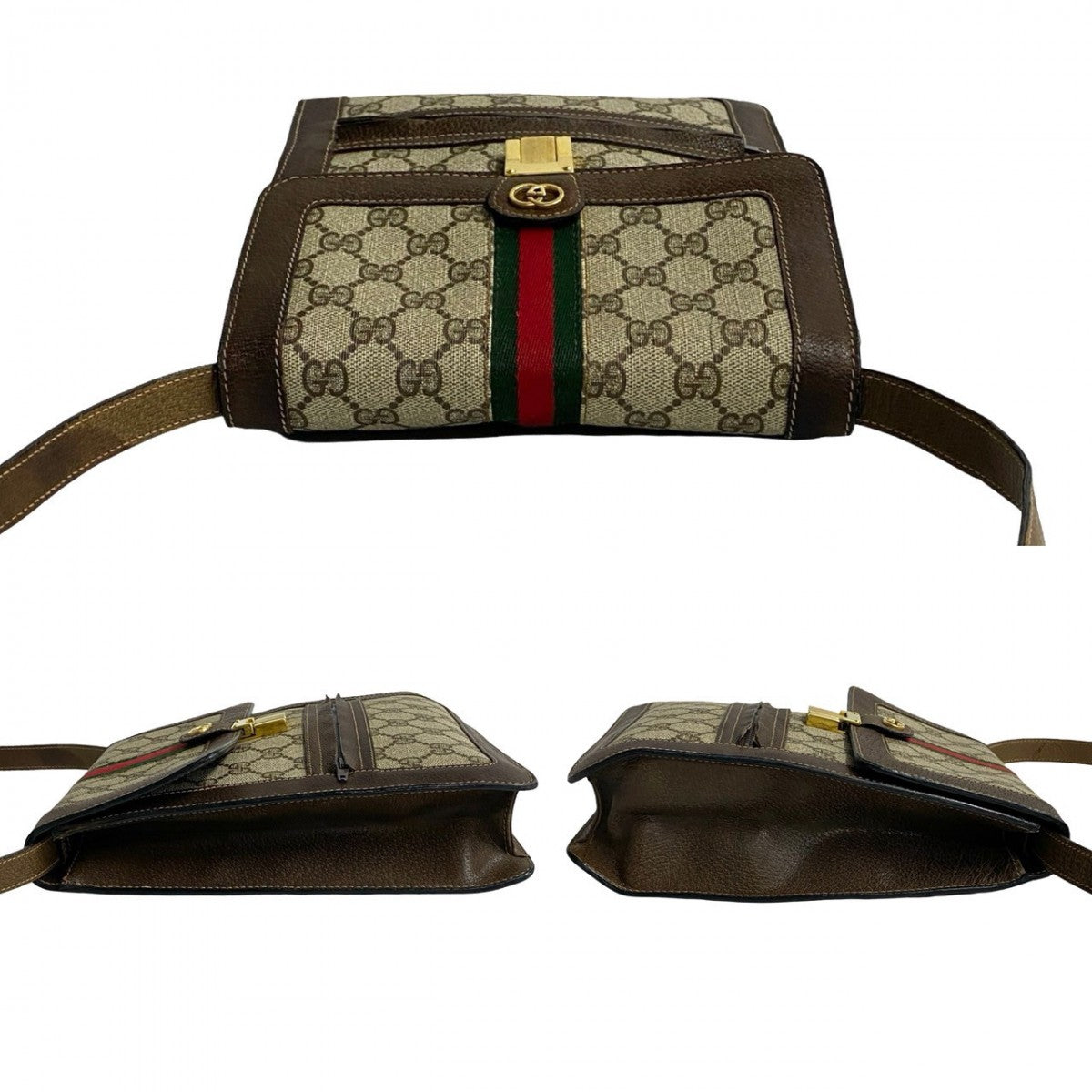Gucci Shoulder Bag Leather, Pvc Brown Gg Logo Metal Sherry Line Women