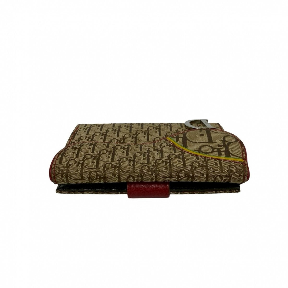 Dior Bifold Wallet Canvas, Leather Brown Trotter Pattern Logo Metal Saddle Women