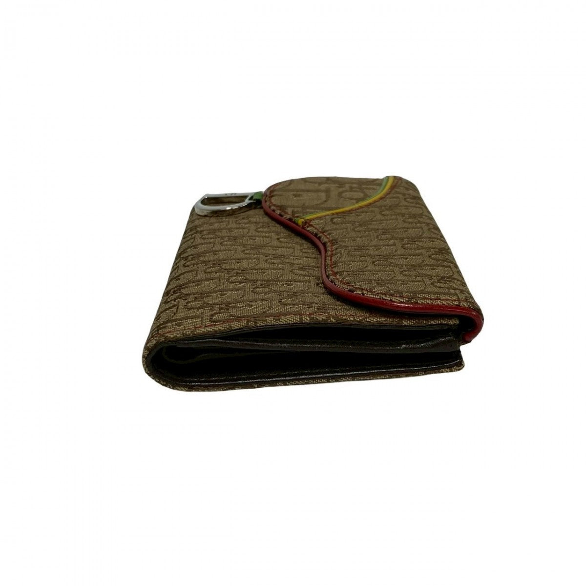 Dior Bifold Wallet Canvas, Leather Brown Trotter Pattern Logo Metal Saddle Women