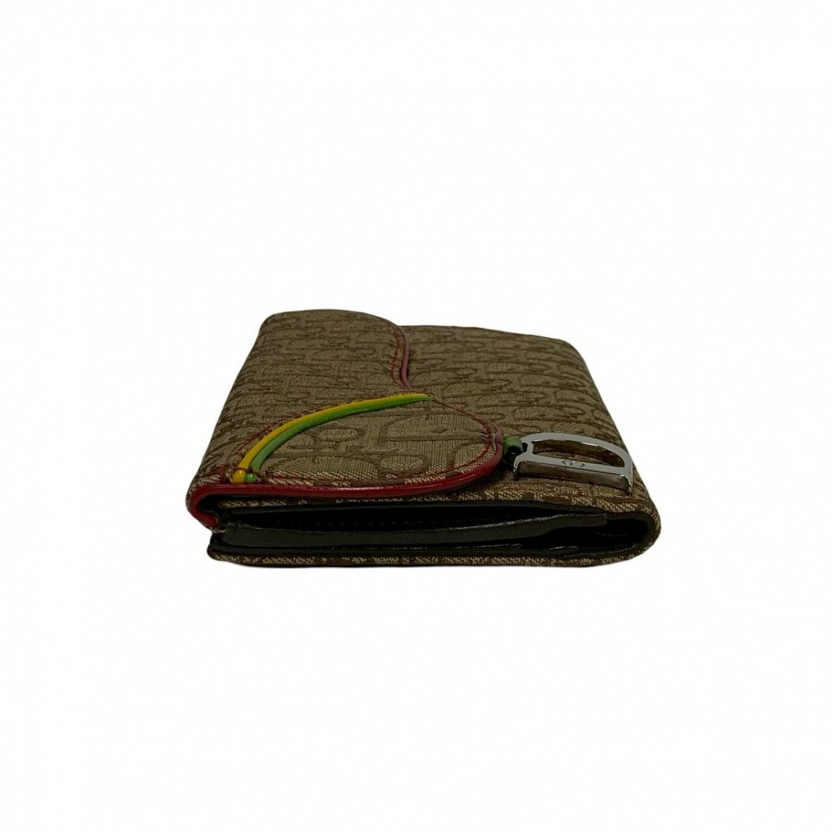Dior Bifold Wallet Canvas, Leather Brown Trotter Pattern Logo Metal Saddle Women