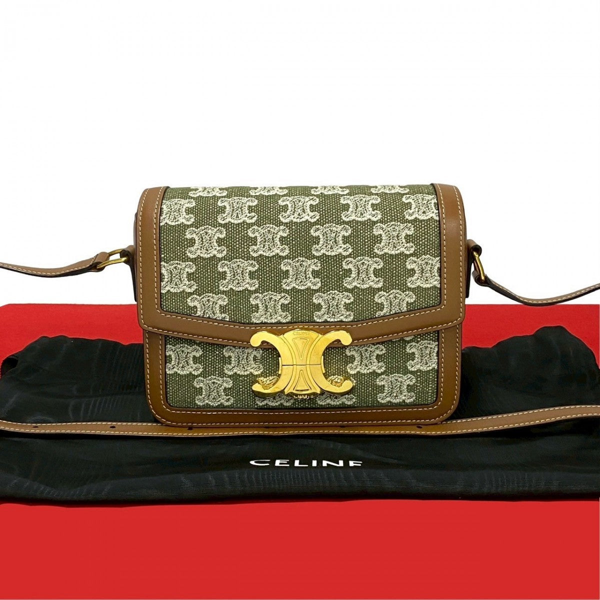 Celine Shoulder Bag Leather, Canvas Brown Logo Metal Teen Triomphe Women