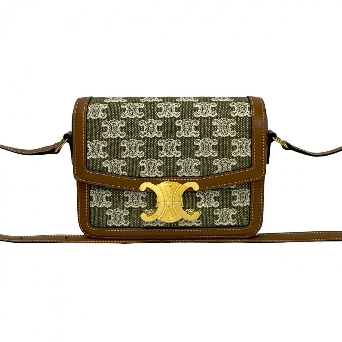 Celine Shoulder Bag Leather, Canvas Brown Logo Metal Teen Triomphe Women