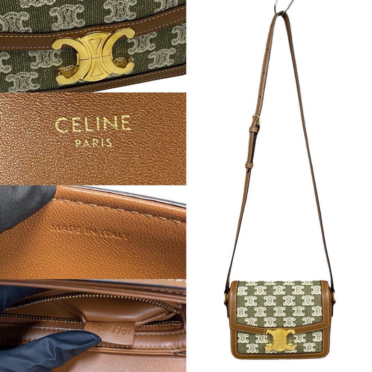 Celine Shoulder Bag Leather, Canvas Brown Logo Metal Teen Triomphe Women