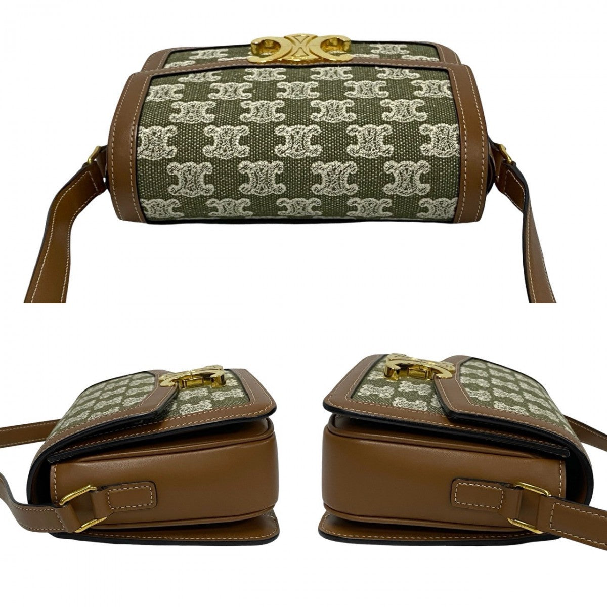 Celine Shoulder Bag Leather, Canvas Brown Logo Metal Teen Triomphe Women