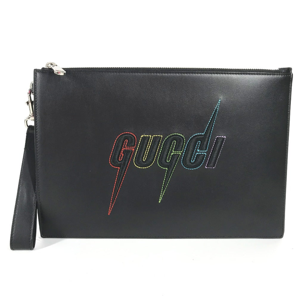 Gucci Clutch Bag 597678 Leather Black Bag Pouch Braid Embroidery Logo Unisex(Unisex)
