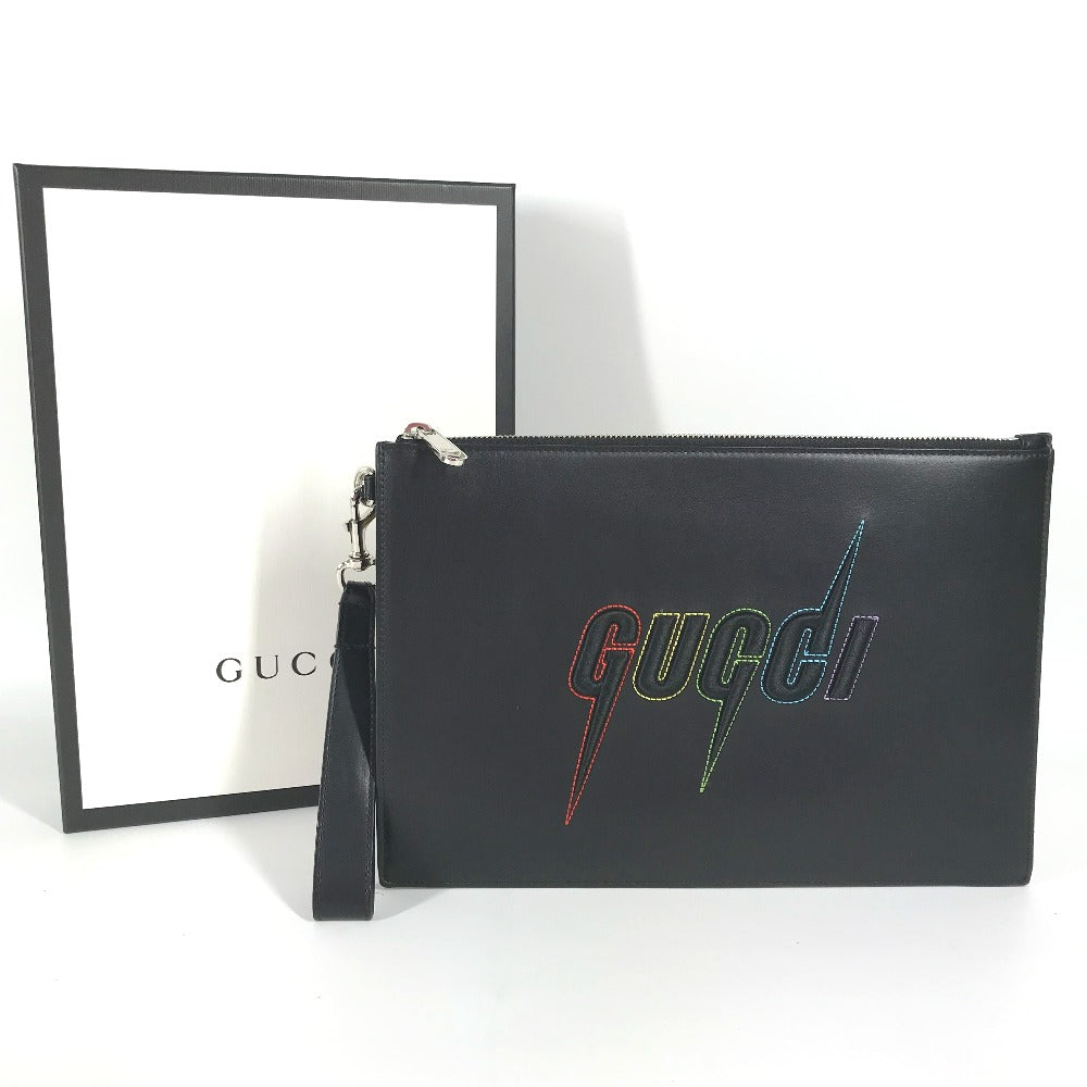 Gucci Clutch Bag 597678 Leather Black Bag Pouch Braid Embroidery Logo Unisex(Unisex)
