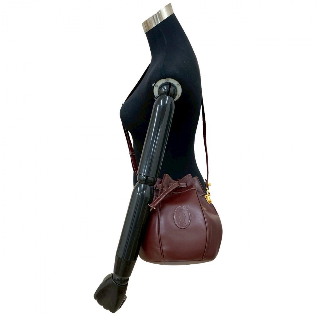 Cartier Shoulder Bag Leather Wine-Red Must Line Women
