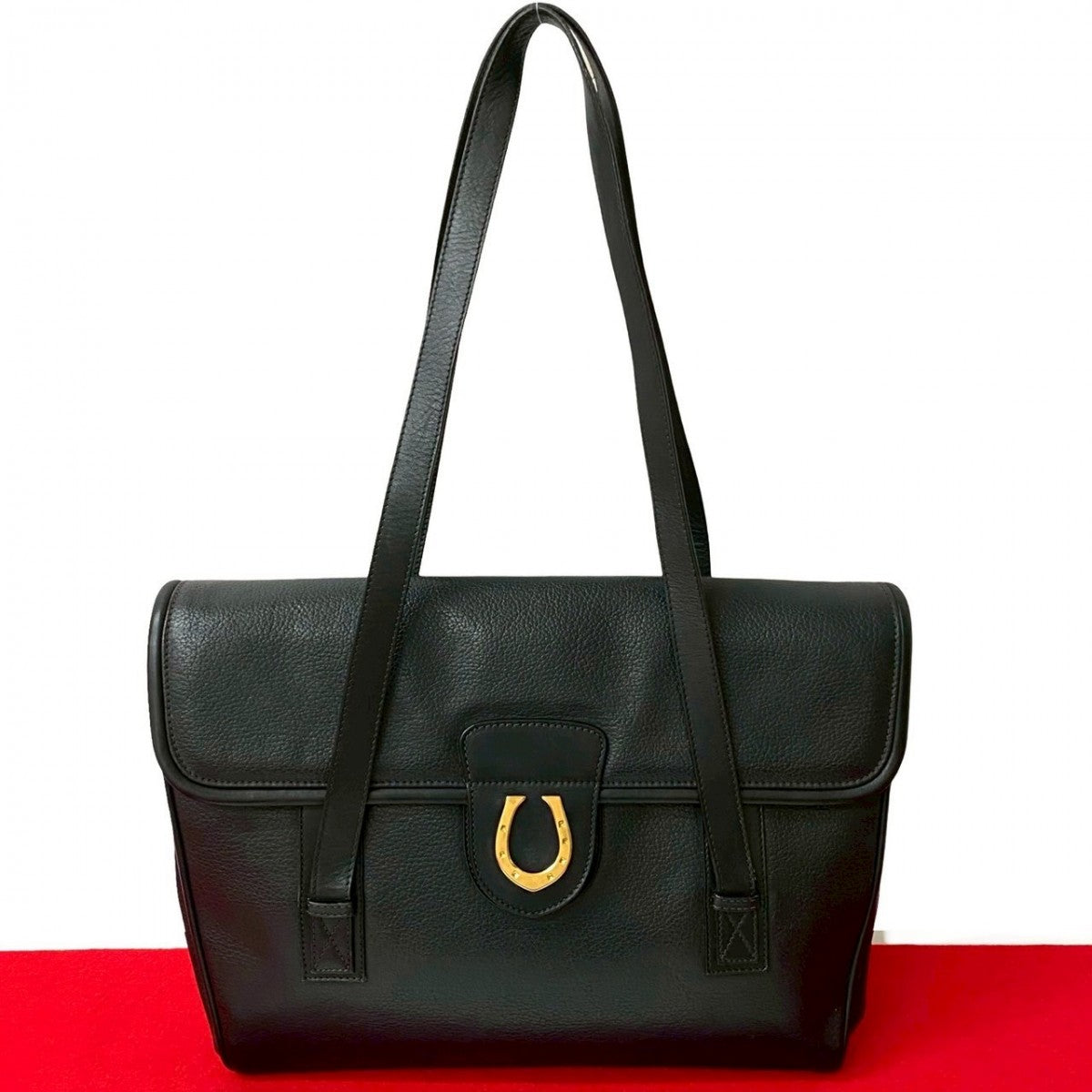 Gucci Tote Bag Leather Black Horseshoe Metal Women