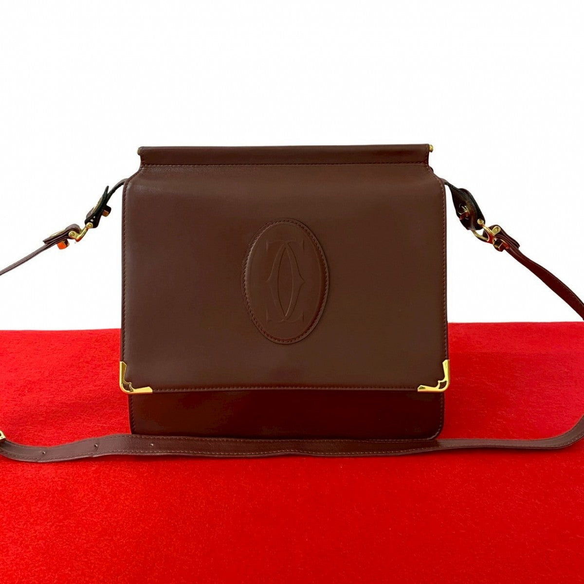 Cartier Shoulder Bag Leather Wine-Red Must Line Women