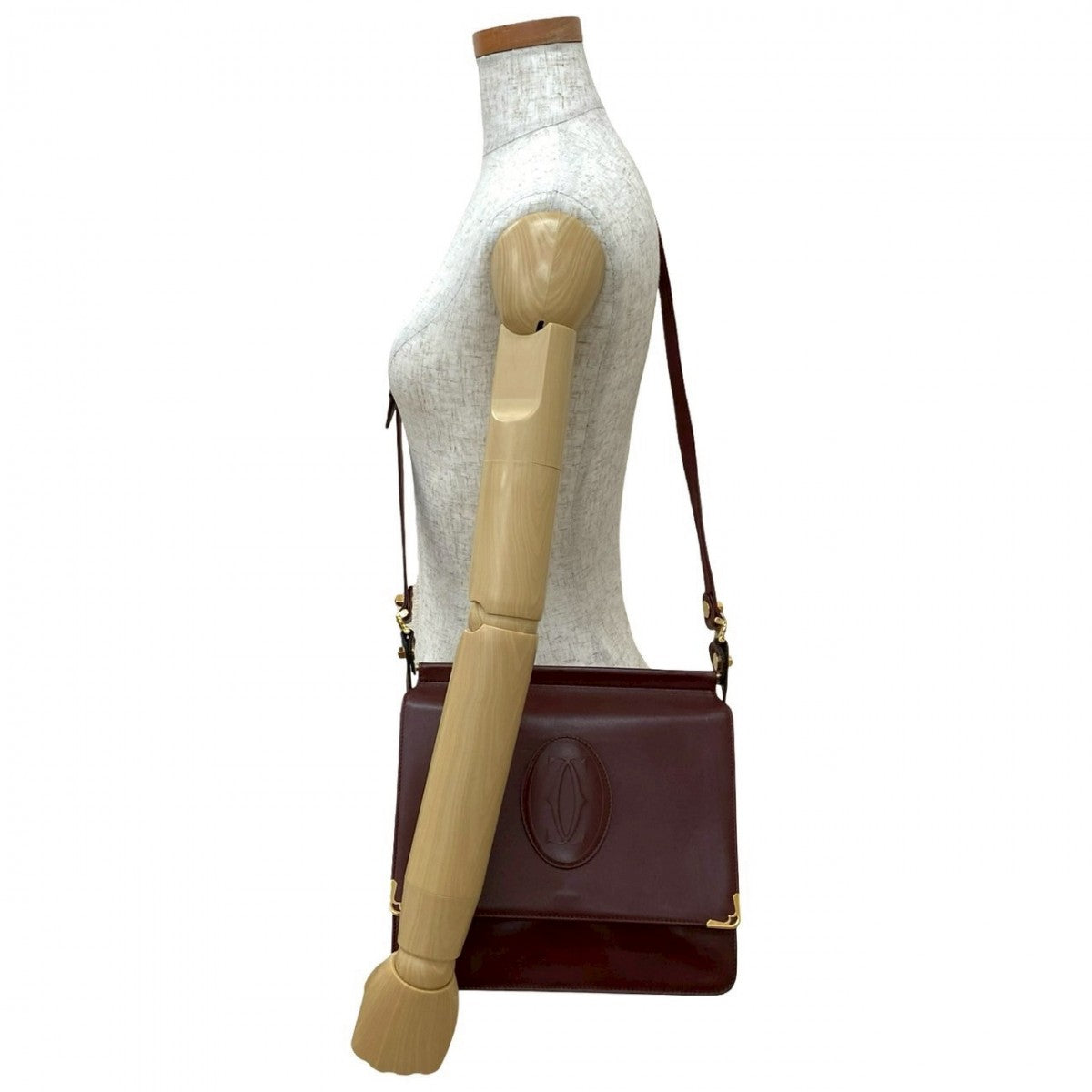 Cartier Shoulder Bag Leather Wine-Red Must Line Women