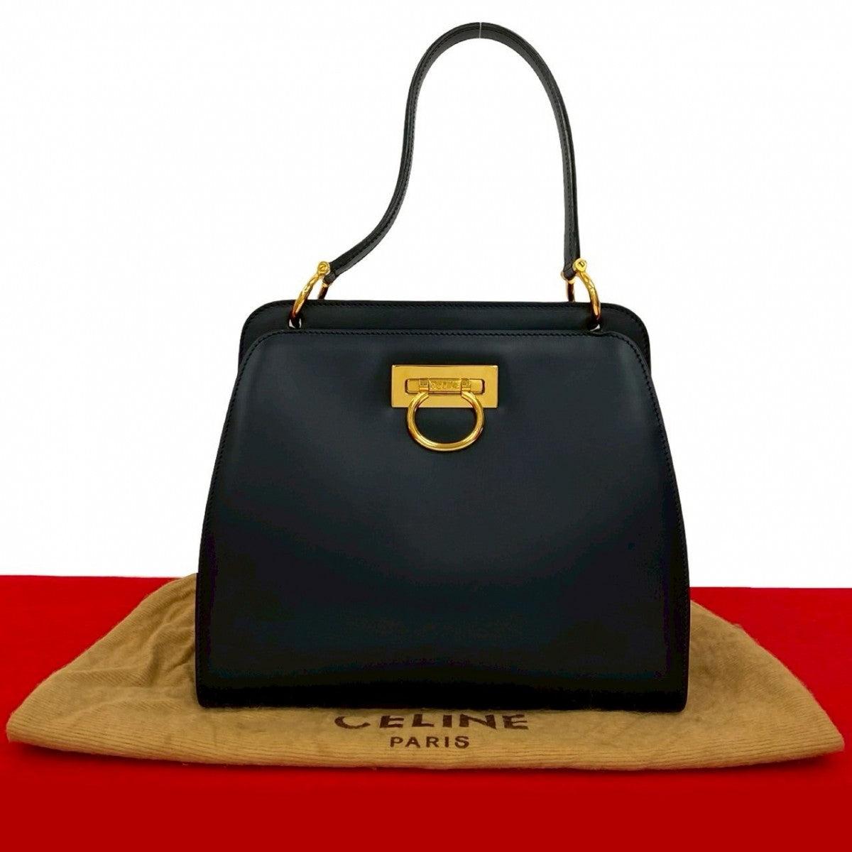 Celine Handbag Leather Navy Double Face Gancini Metal Women