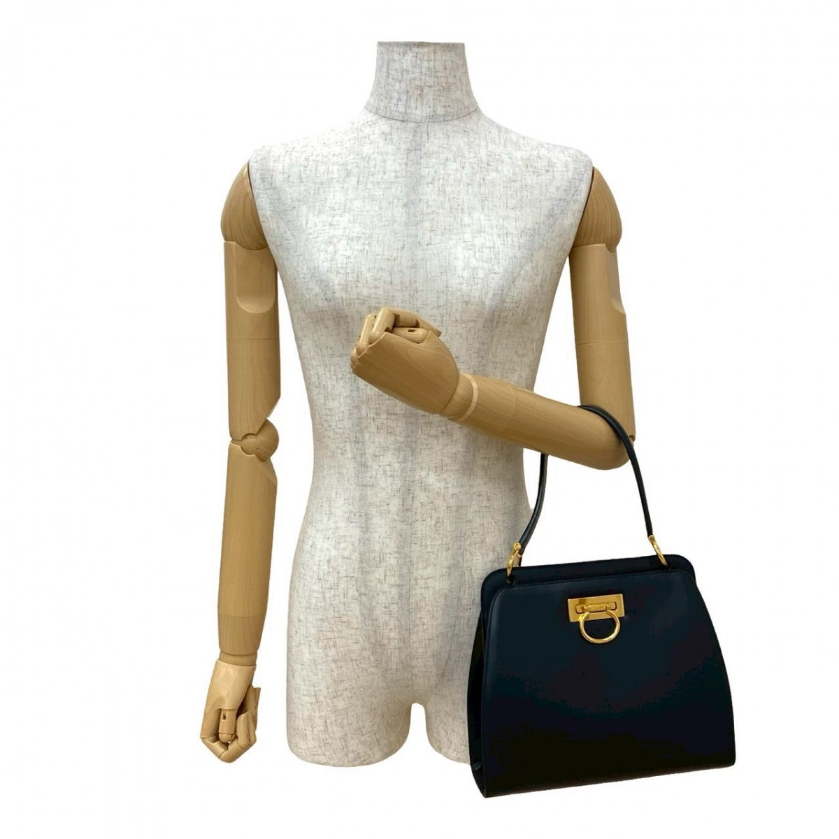 Celine Handbag Leather Navy Double Face Gancini Metal Women