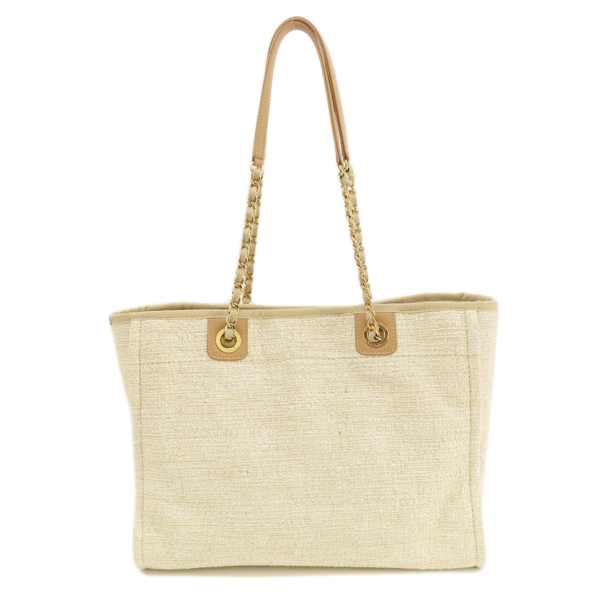 Chanel Tote Bag Tweed White Deauville Mm Gold Metal Women