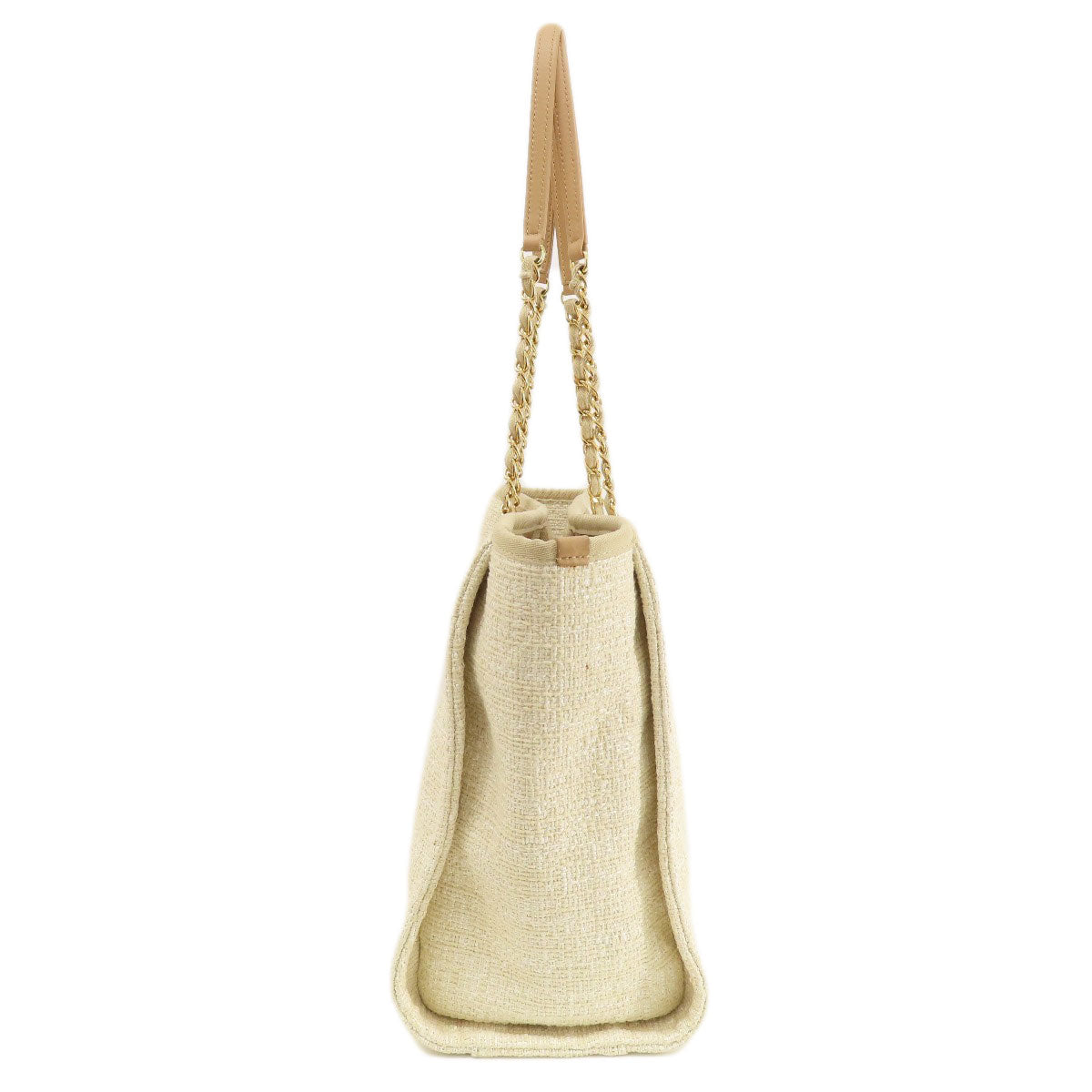 Chanel Tote Bag Tweed White Deauville Mm Gold Metal Women