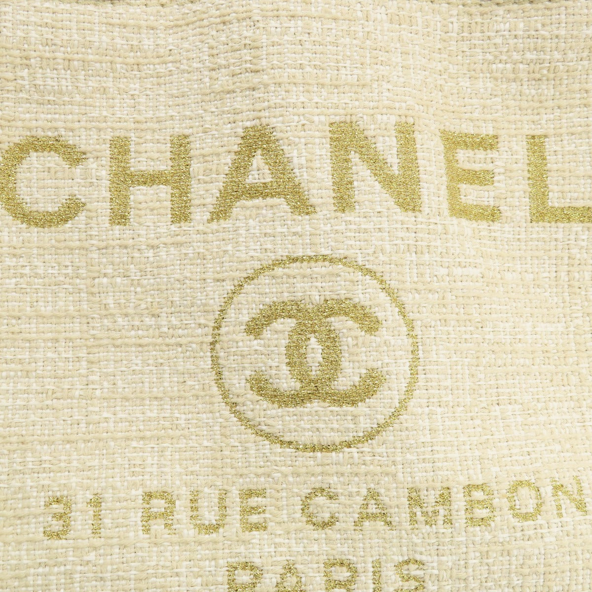 Chanel Tote Bag Tweed White Deauville Mm Gold Metal Women