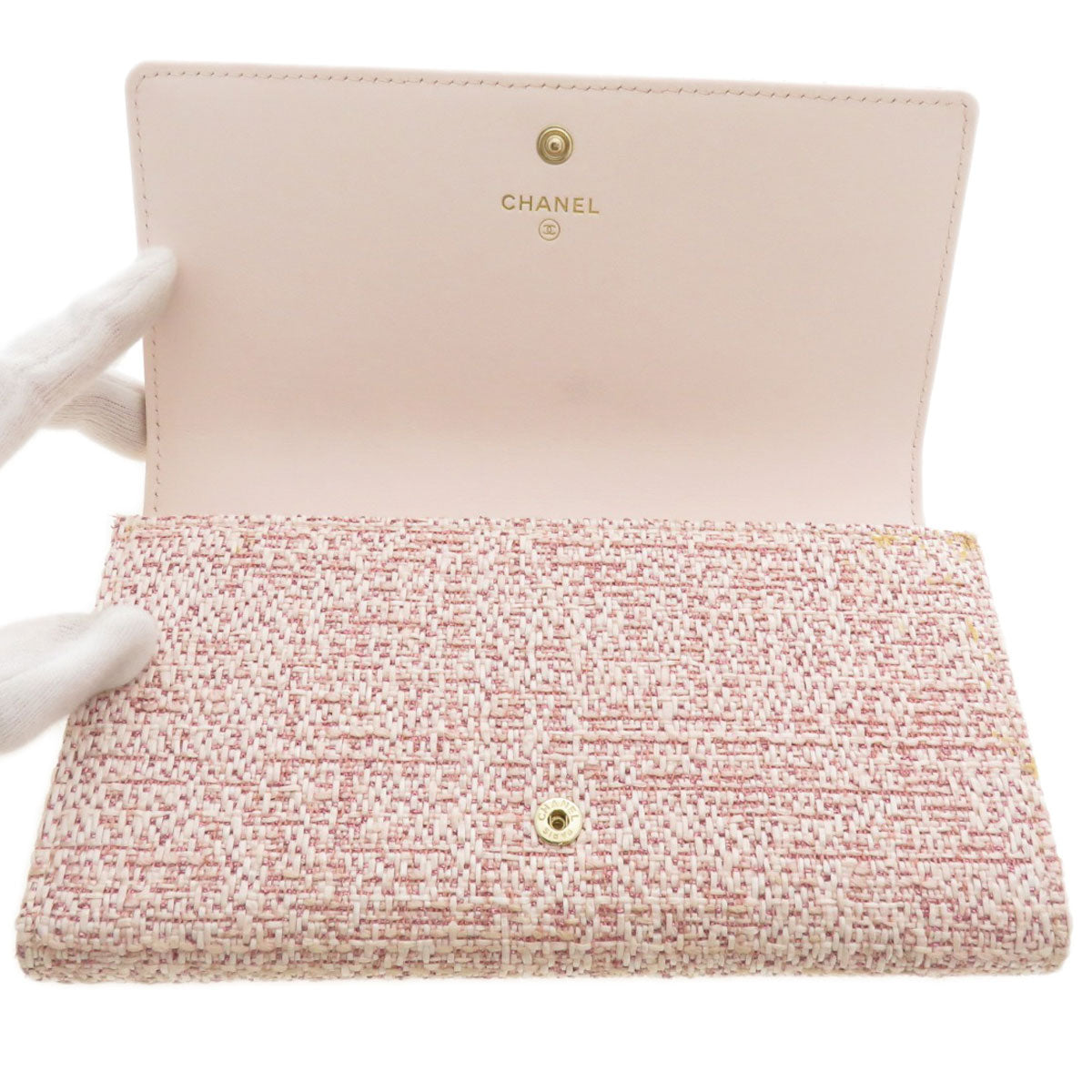 Chanel Long Wallet Purse Leather, Tweed Pink Coco Mark Women