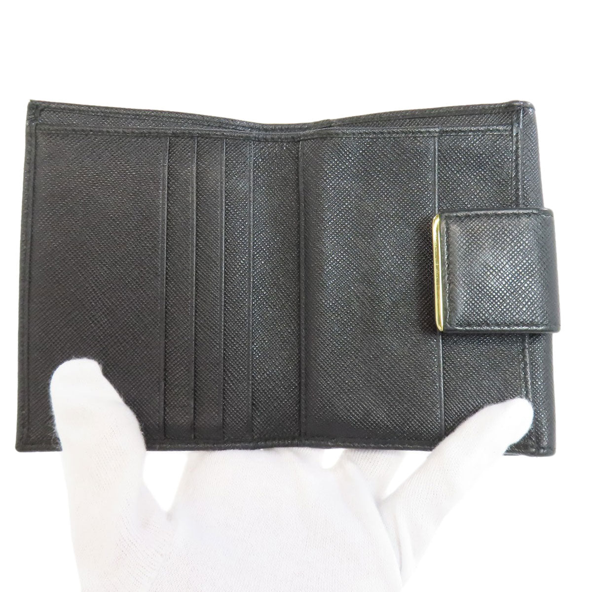 Prada Bifold Wallet Leather Black Safiano Logo Women