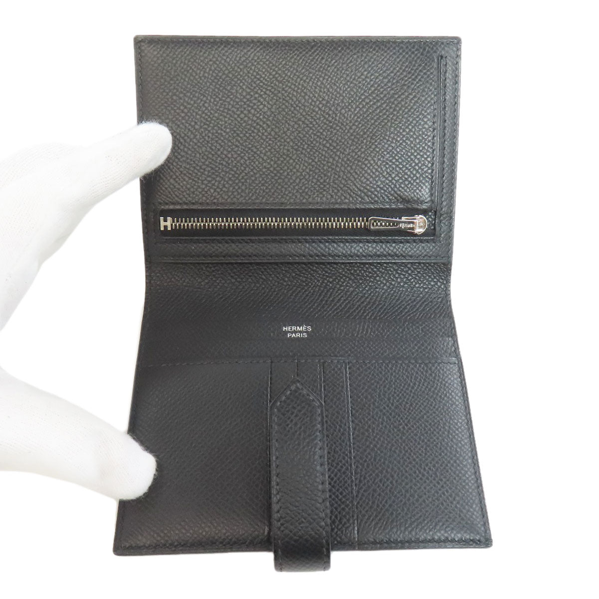 Hermes Bifold Wallet Epsom Black Bearn Compact Silvermetal Women