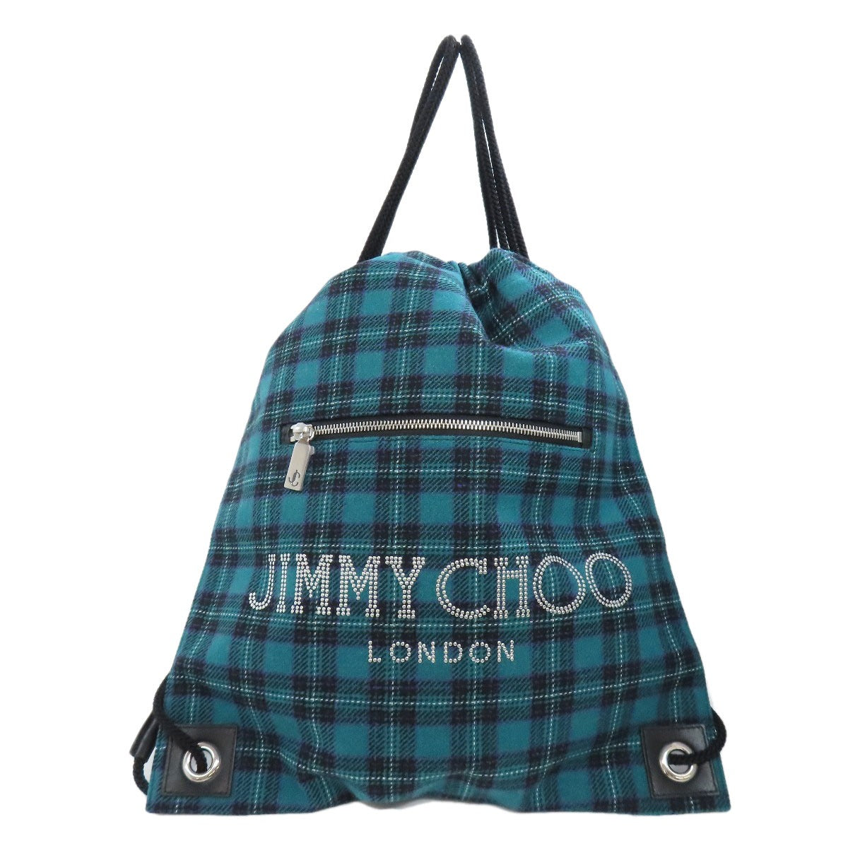 Jimmy Choo Backpack Canvas Green Knapsack Check Pattern Logo Studs Women