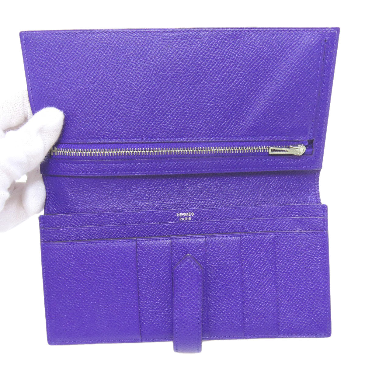 Hermes Long Wallet Purse Epsom Purple Bearn Soufflet Blue Electric Silver Metal Women