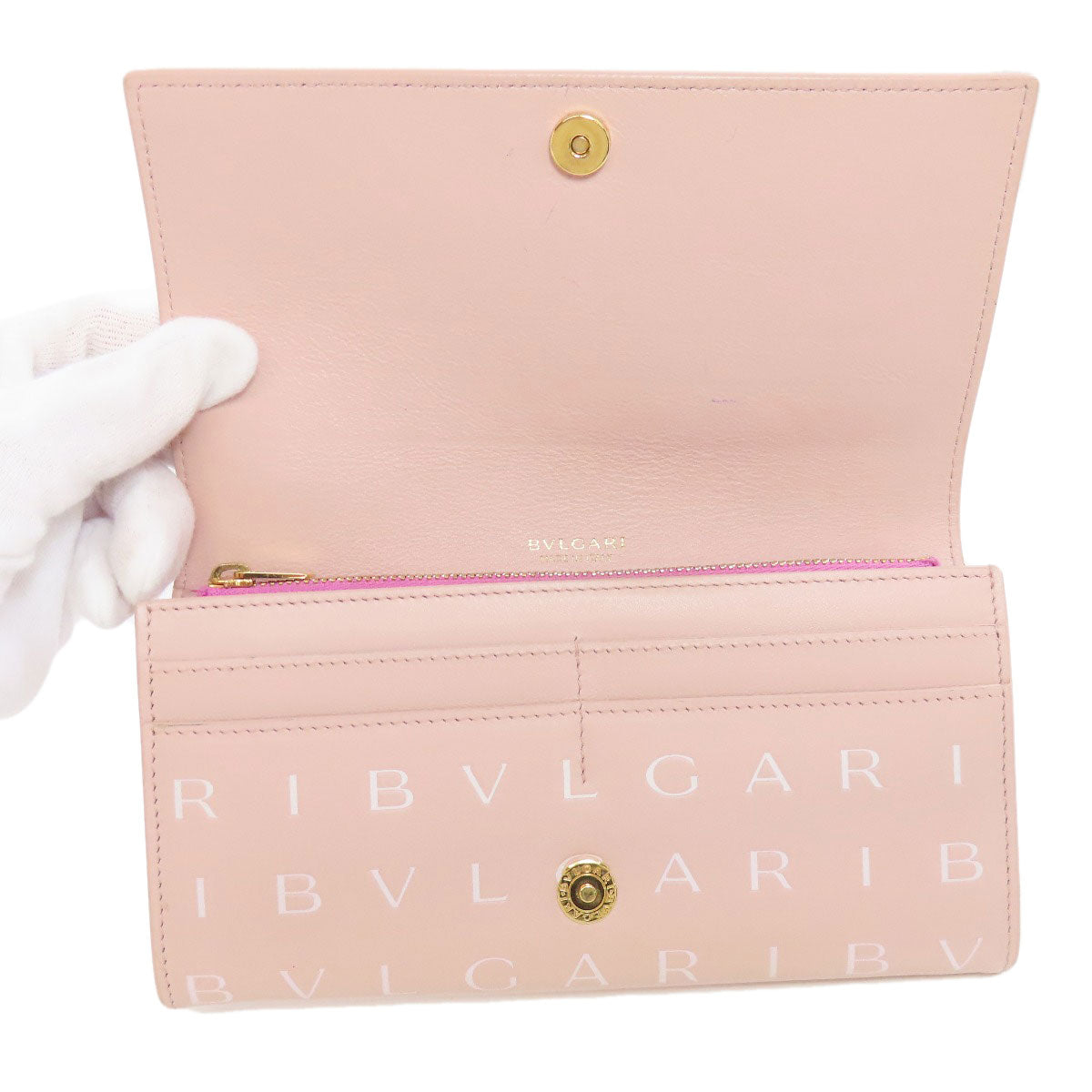 Bvlgari Long Wallet Purse Leather Pink Logo Mania Women