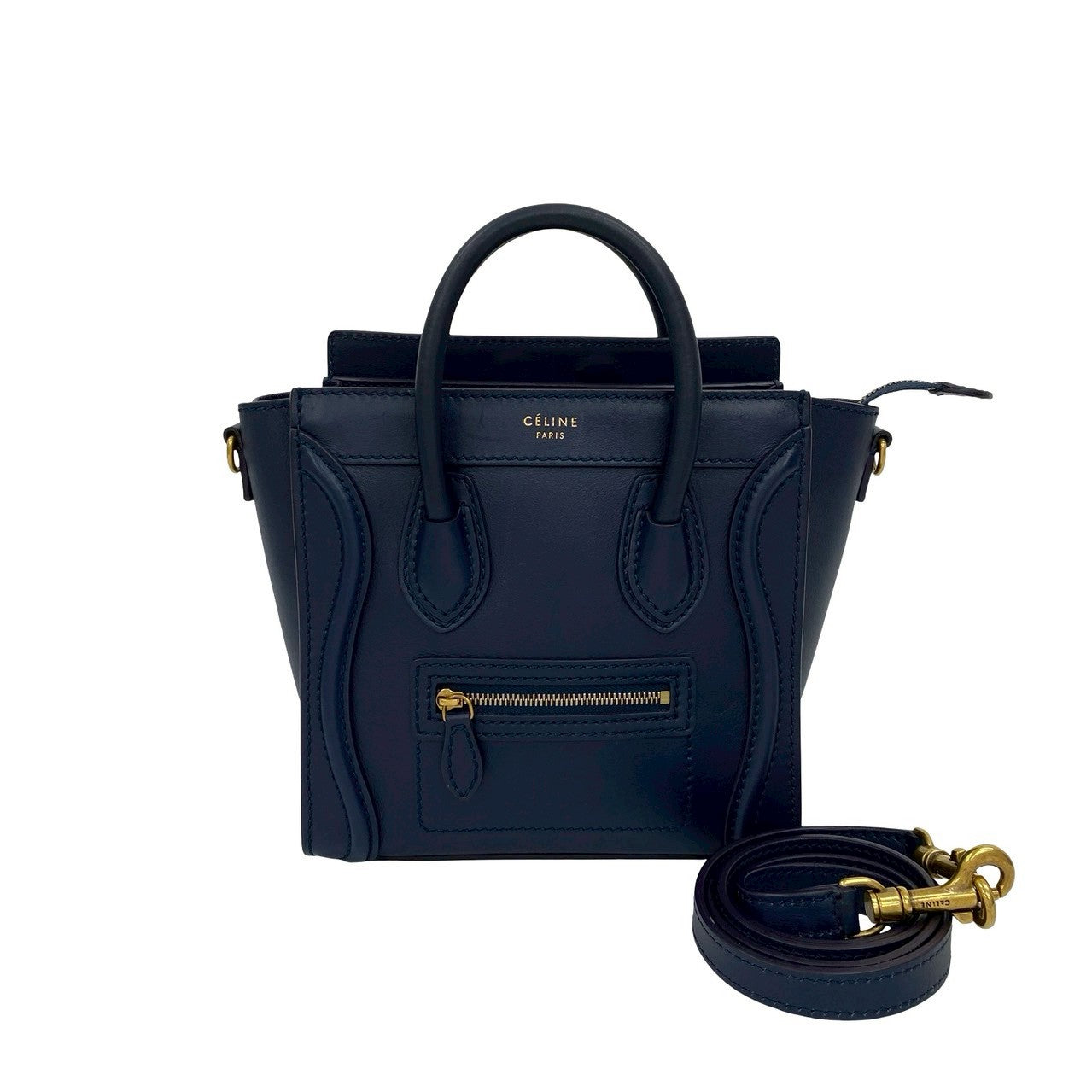 Celine Shoulder Bag Leather Navy Luggage Nano Shopper