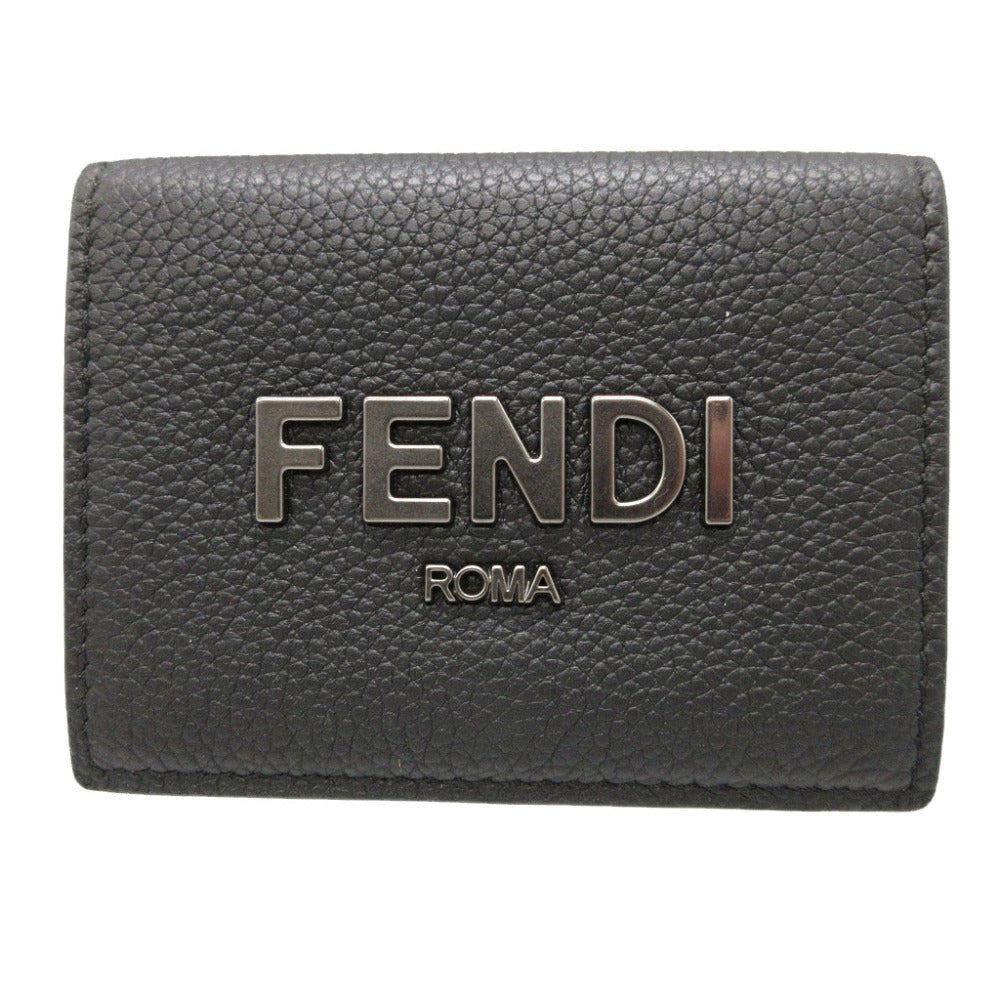 Fendi Tri-Fold Wallet 7M0280 Leather Black Compact Wallet Signature Logo Mens Secondhand