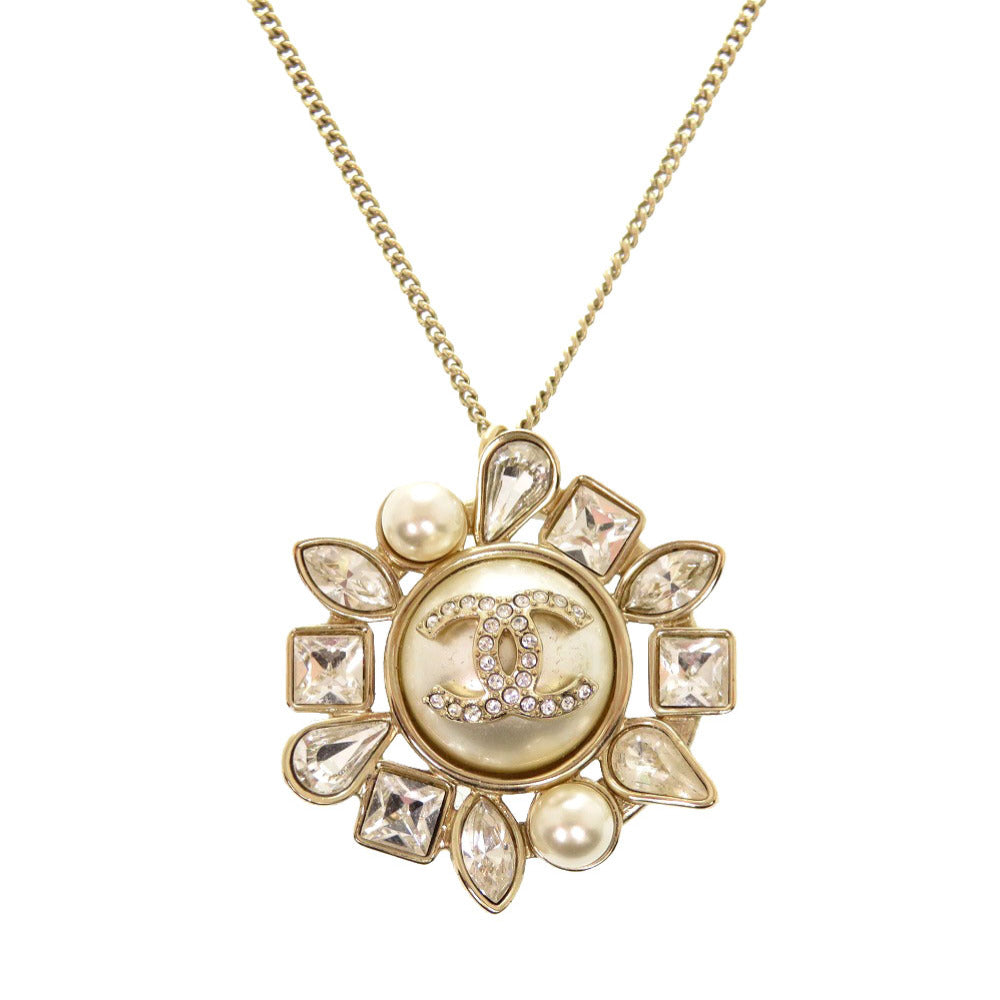 Chanel Necklace Fake Pearls, Stones Champagne Gold Coco Mark Women