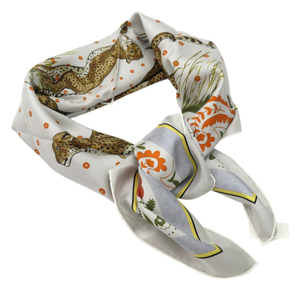 Hermes Scarf Silk Gris Twill Scarf Cheetah Carre90 Double Face Guepards Bandana Women