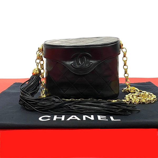 Chanel Shoulder Bag Lambskin Black Coco Mark Fringe Matrasse Women