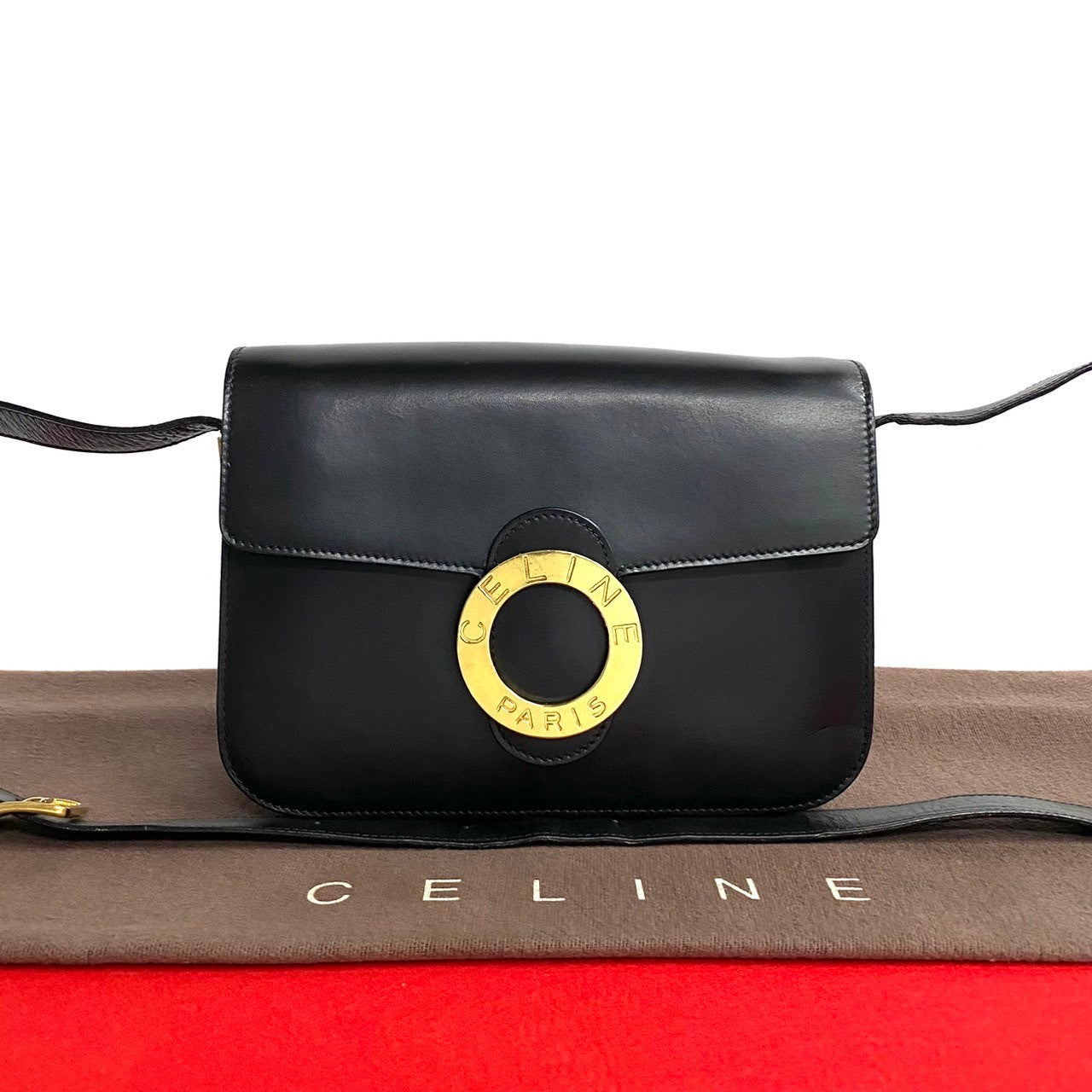 Celine Shoulder Bag Leather Black Circle Logo Metal Women