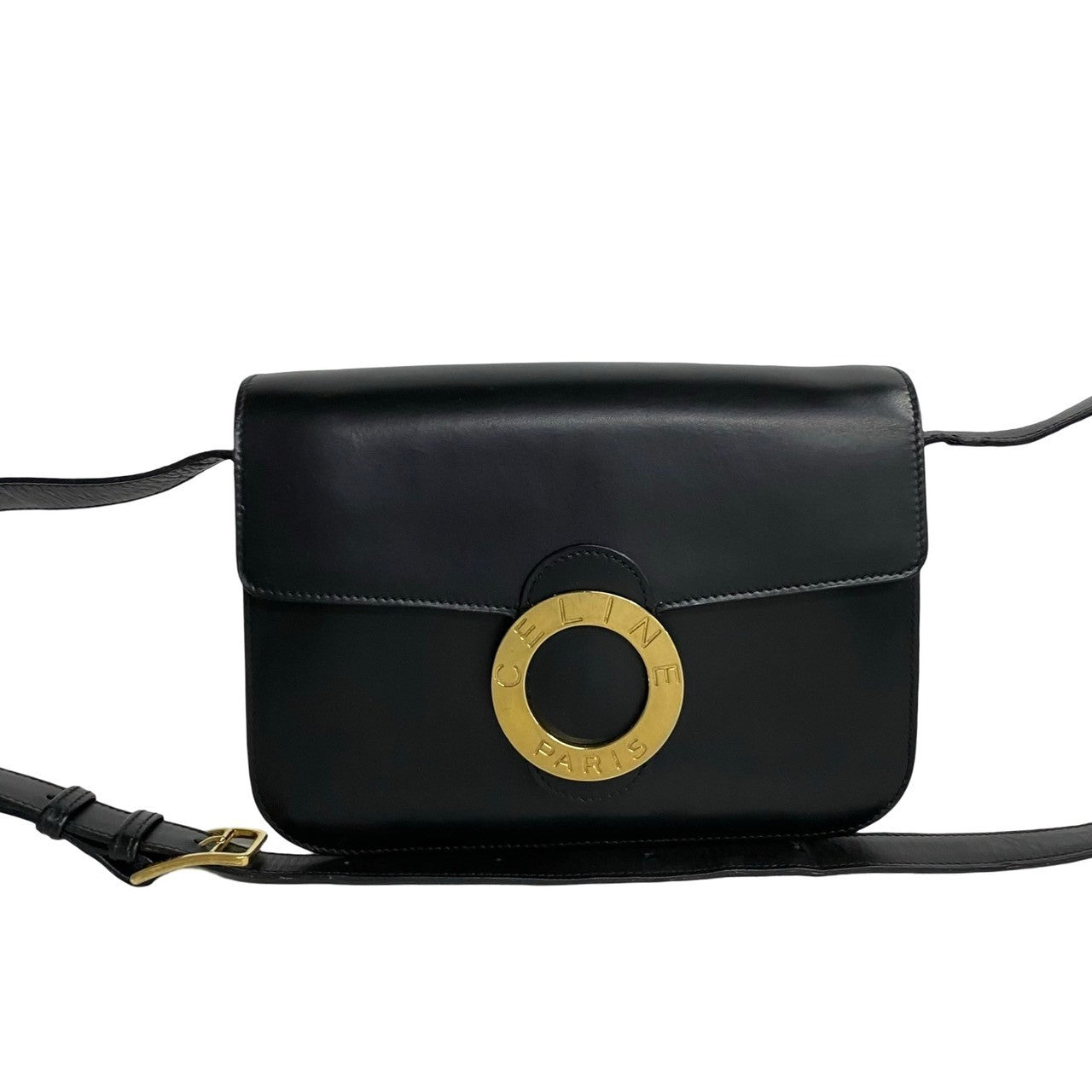 Celine Shoulder Bag Leather Black Circle Logo Metal Women