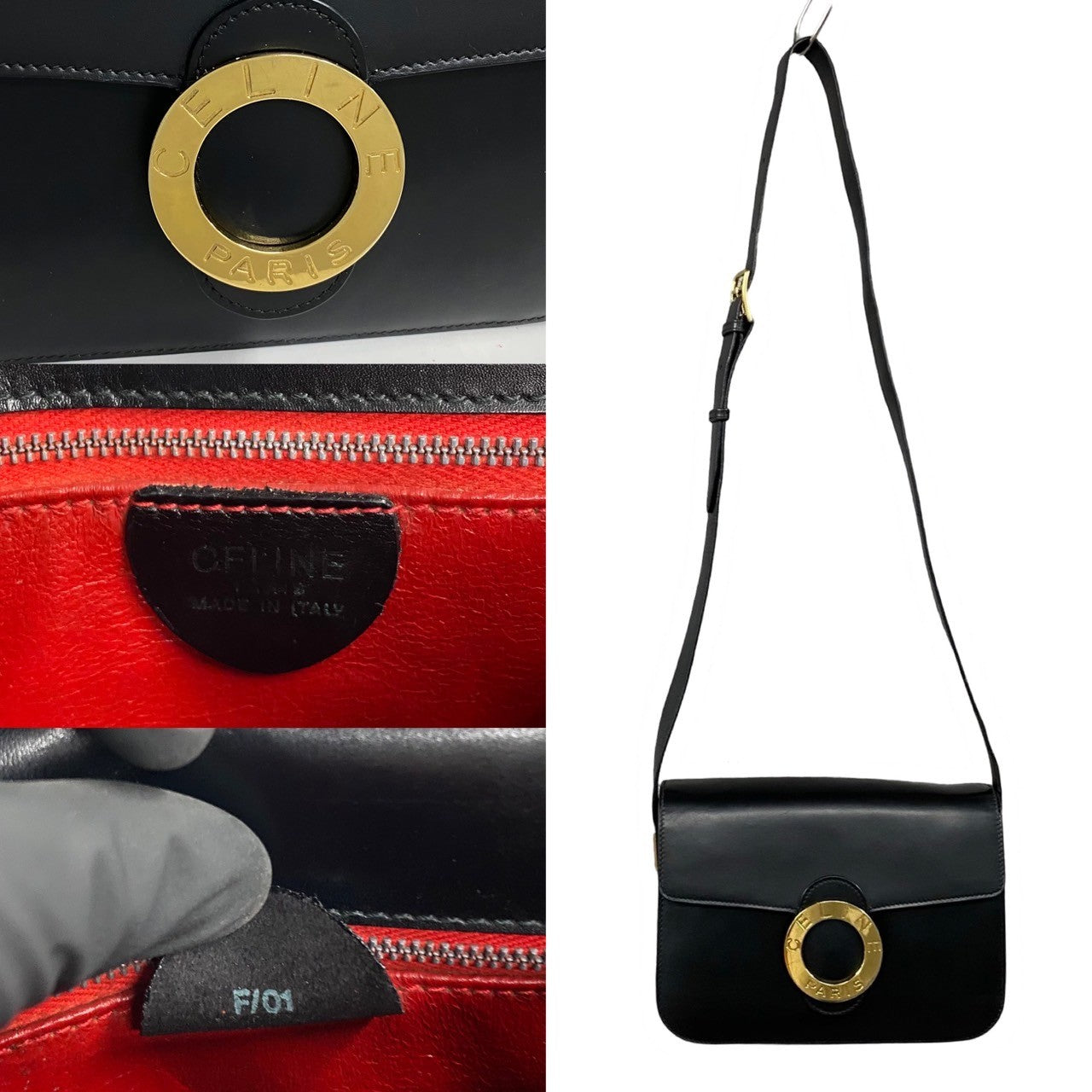 Celine Shoulder Bag Leather Black Circle Logo Metal Women