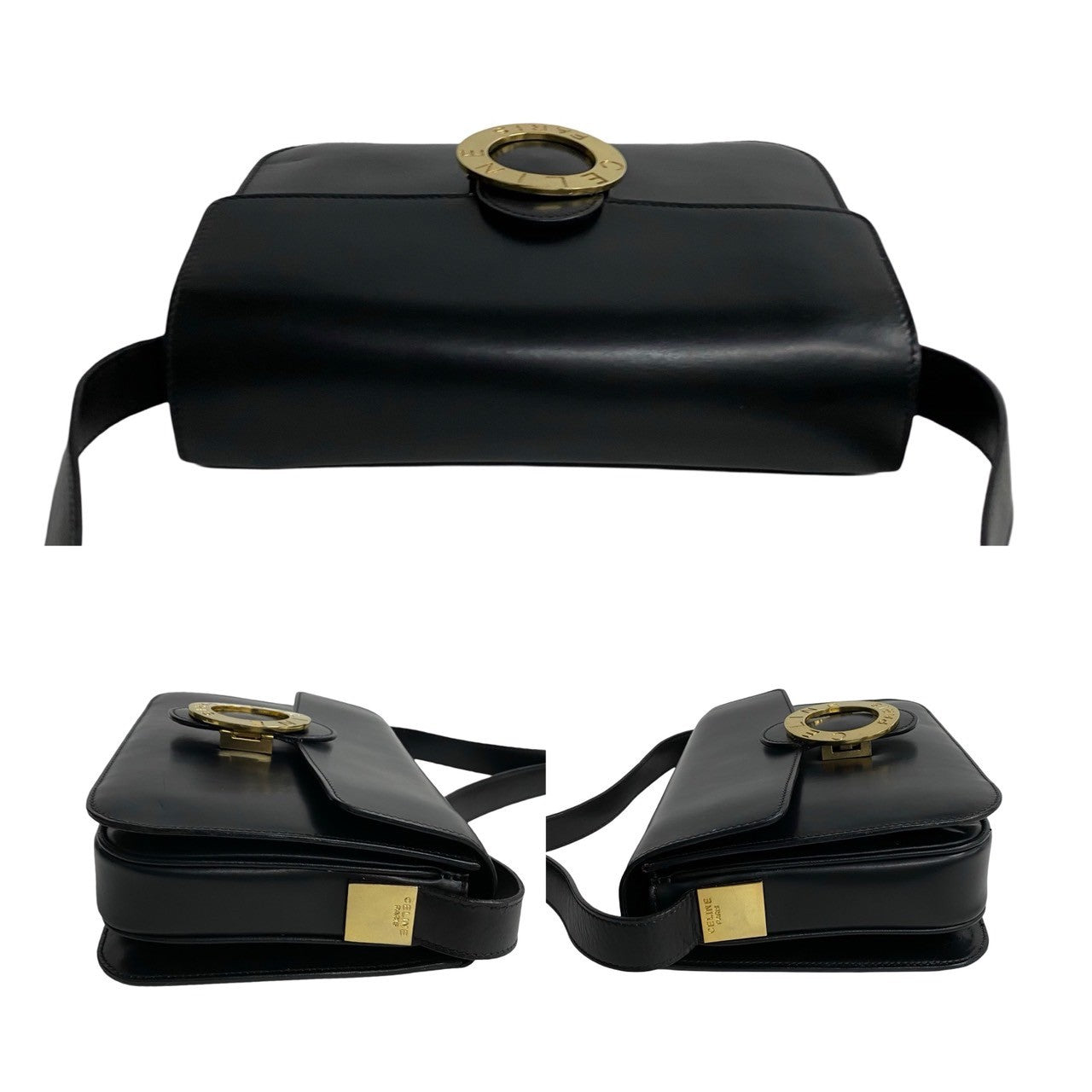 Celine Shoulder Bag Leather Black Circle Logo Metal Women