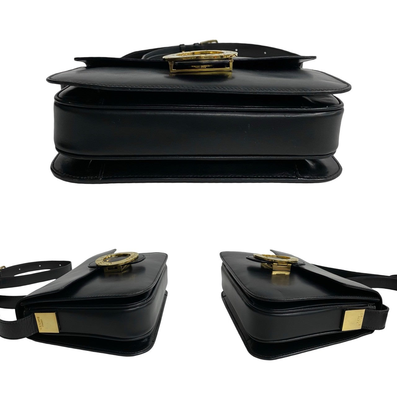 Celine Shoulder Bag Leather Black Circle Logo Metal Women