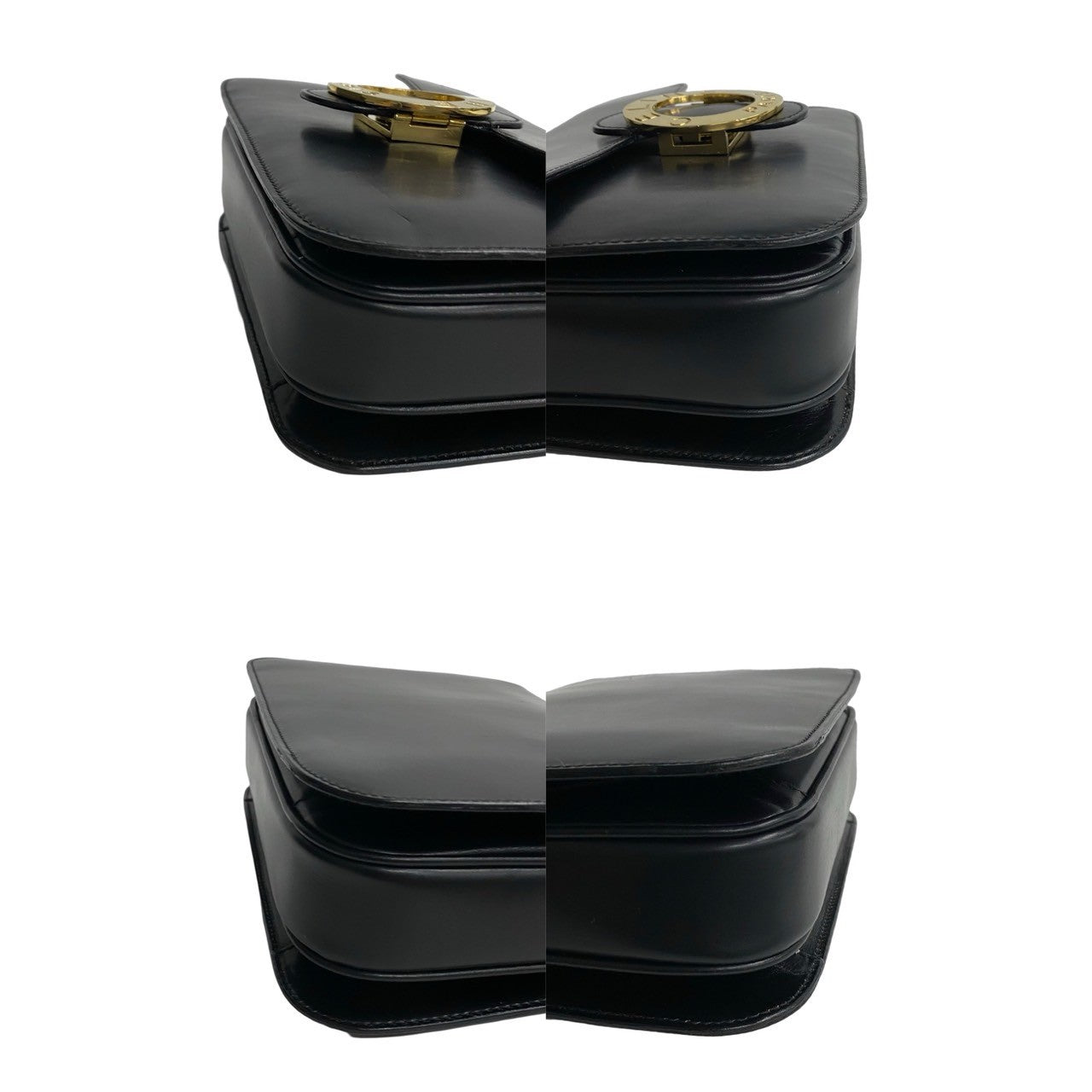 Celine Shoulder Bag Leather Black Circle Logo Metal Women