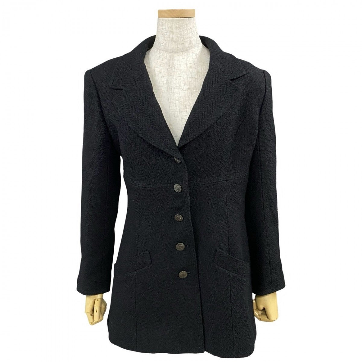 Chanel Tailored Jacket Wool, Nylon, Silk/Lycra Black Coco Mark Button Tweed Women 40