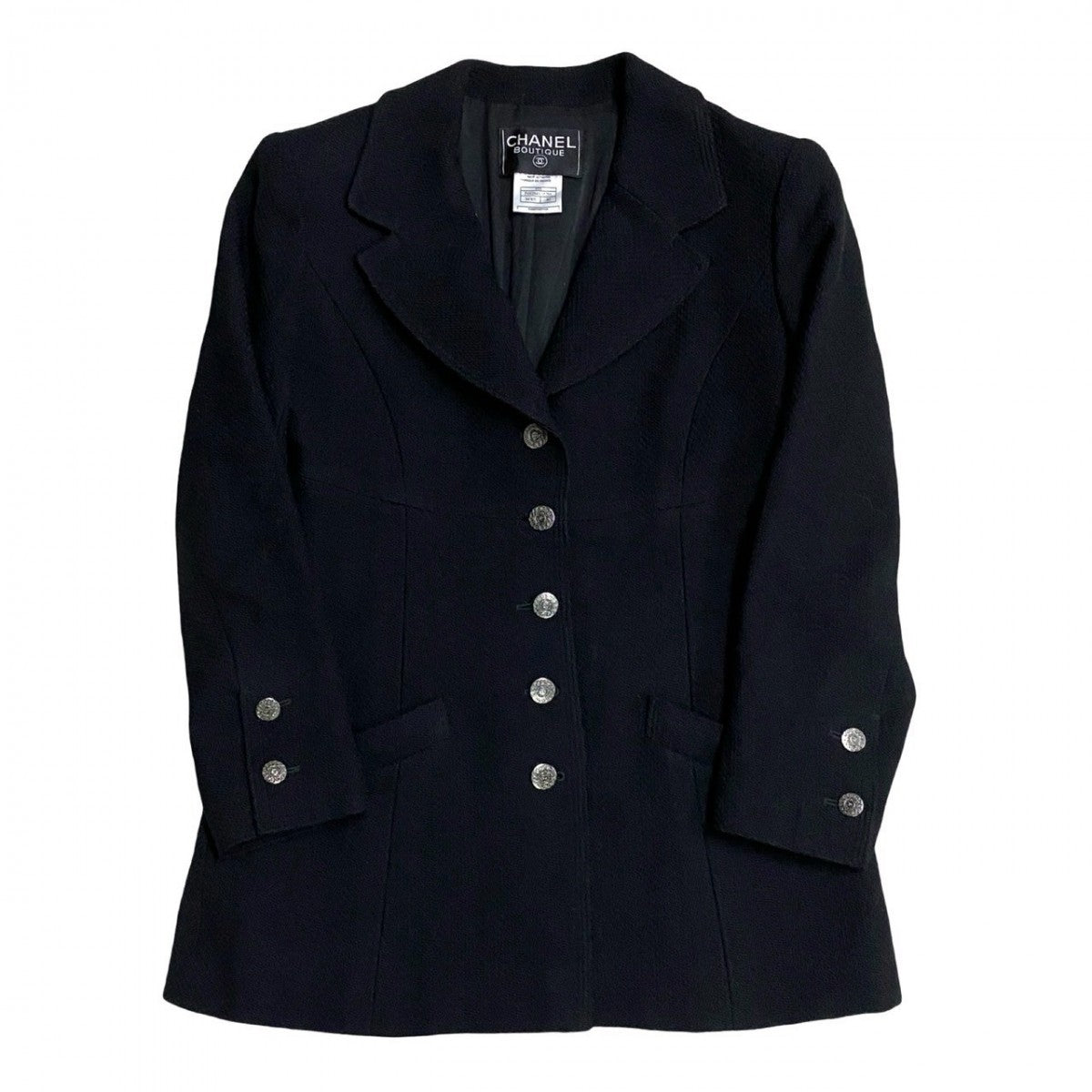 Chanel Tailored Jacket Wool, Nylon, Silk/Lycra Black Coco Mark Button Tweed Women 40