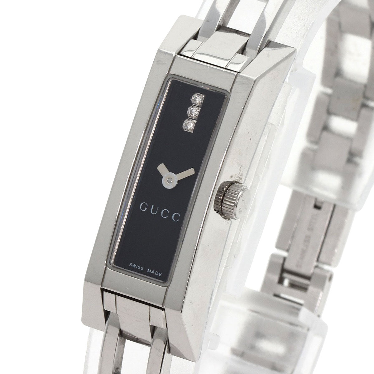 Gucci Watches Quartz 110 Stainless Steel , Stainless Steel Silver Square Face 3P Diamond Black Dial