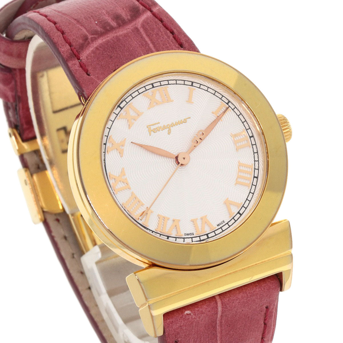 Salvatore Ferragamo Watches Quartz F72 Gold Plated, Leather Gold Round Face White Dial Women