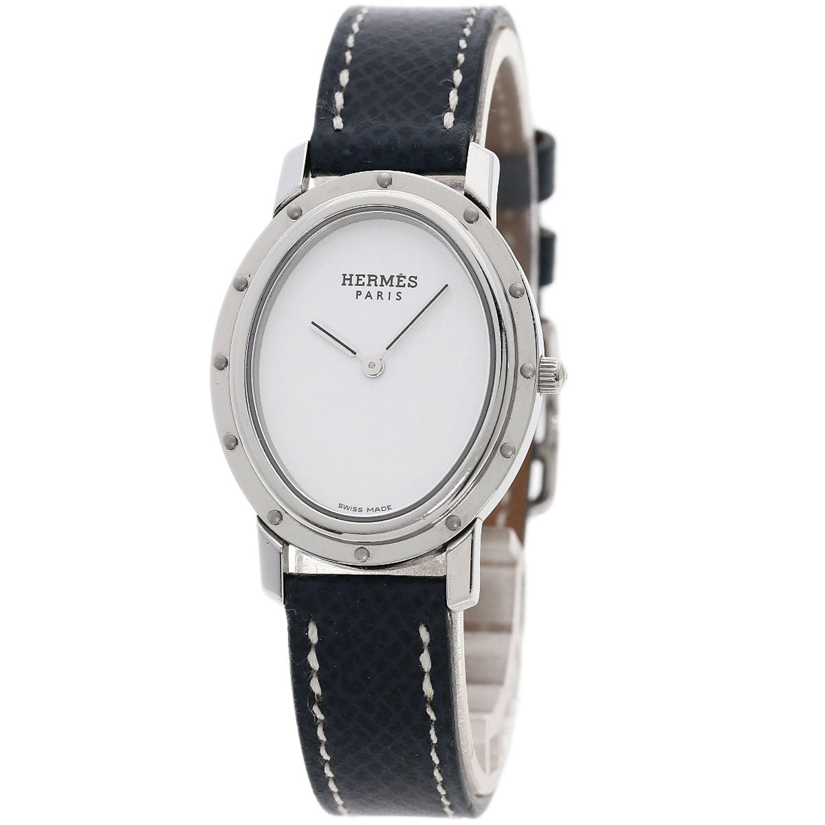 Hermes Watches Quartz Co1.510 Stainless Steel, Leather Silver Clipper Oval White Dial Women