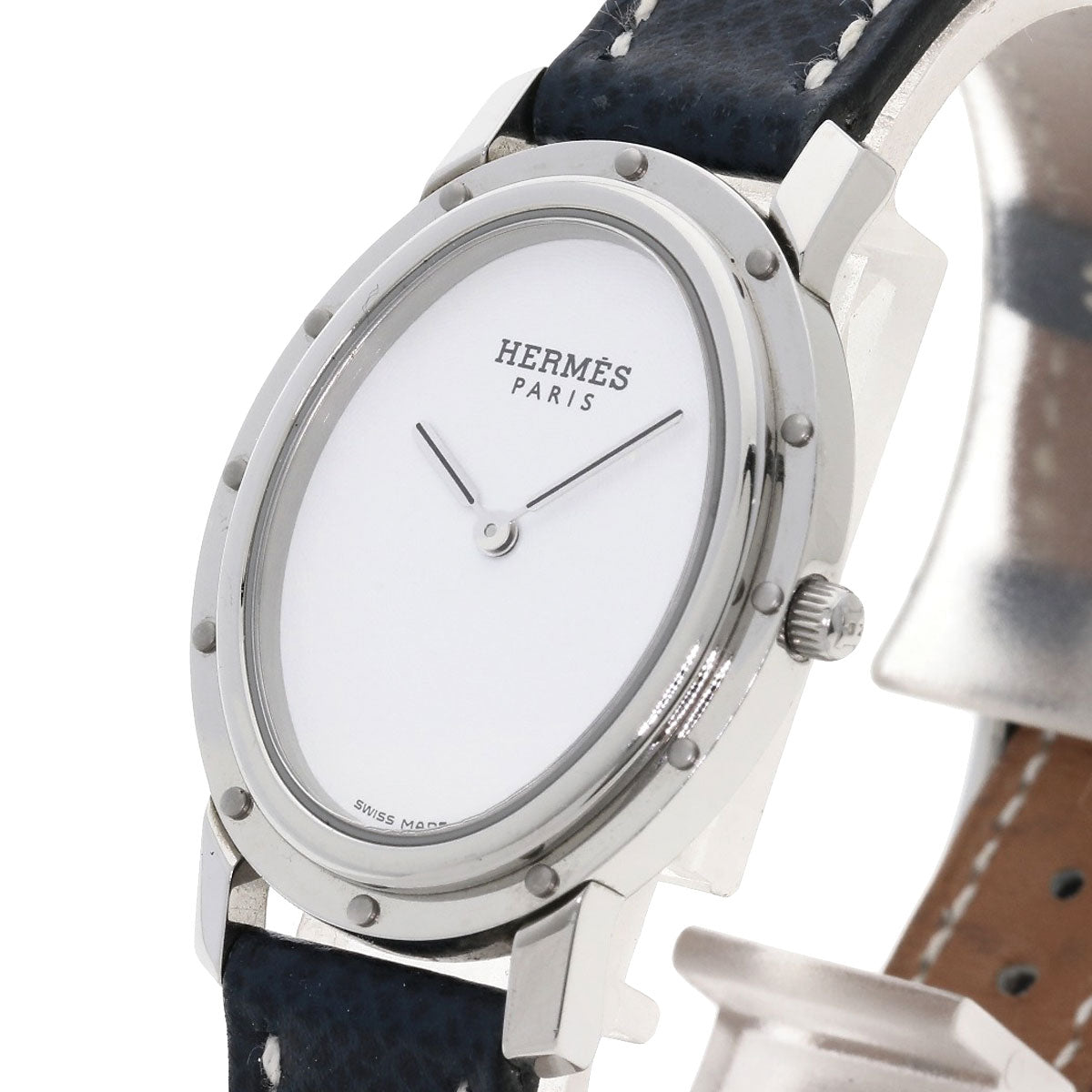 Hermes Watches Quartz Co1.510 Stainless Steel, Leather Silver Clipper Oval White Dial Women