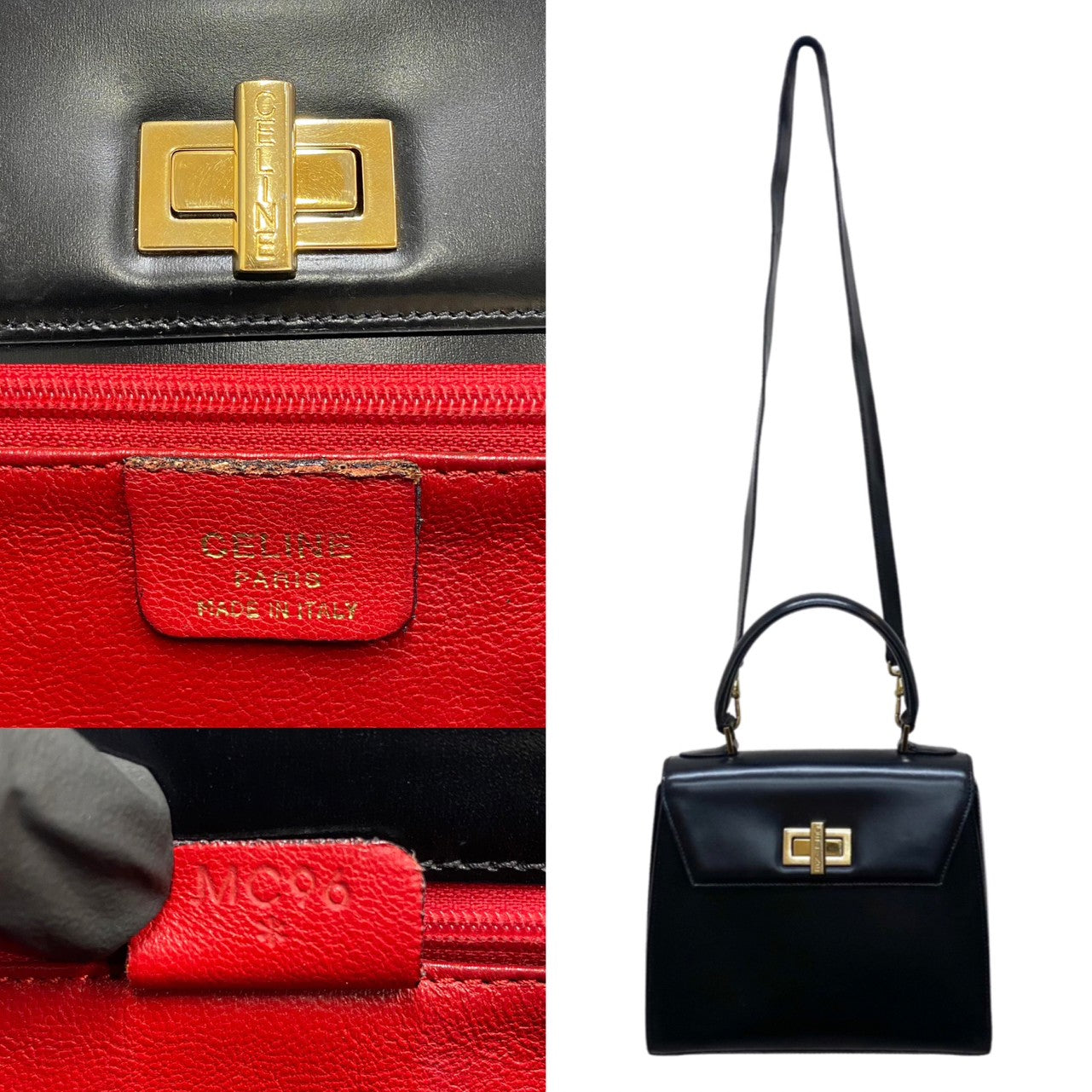 Celine Shoulder Bag Calfskin, Leather Black Logo Turn Lock Women