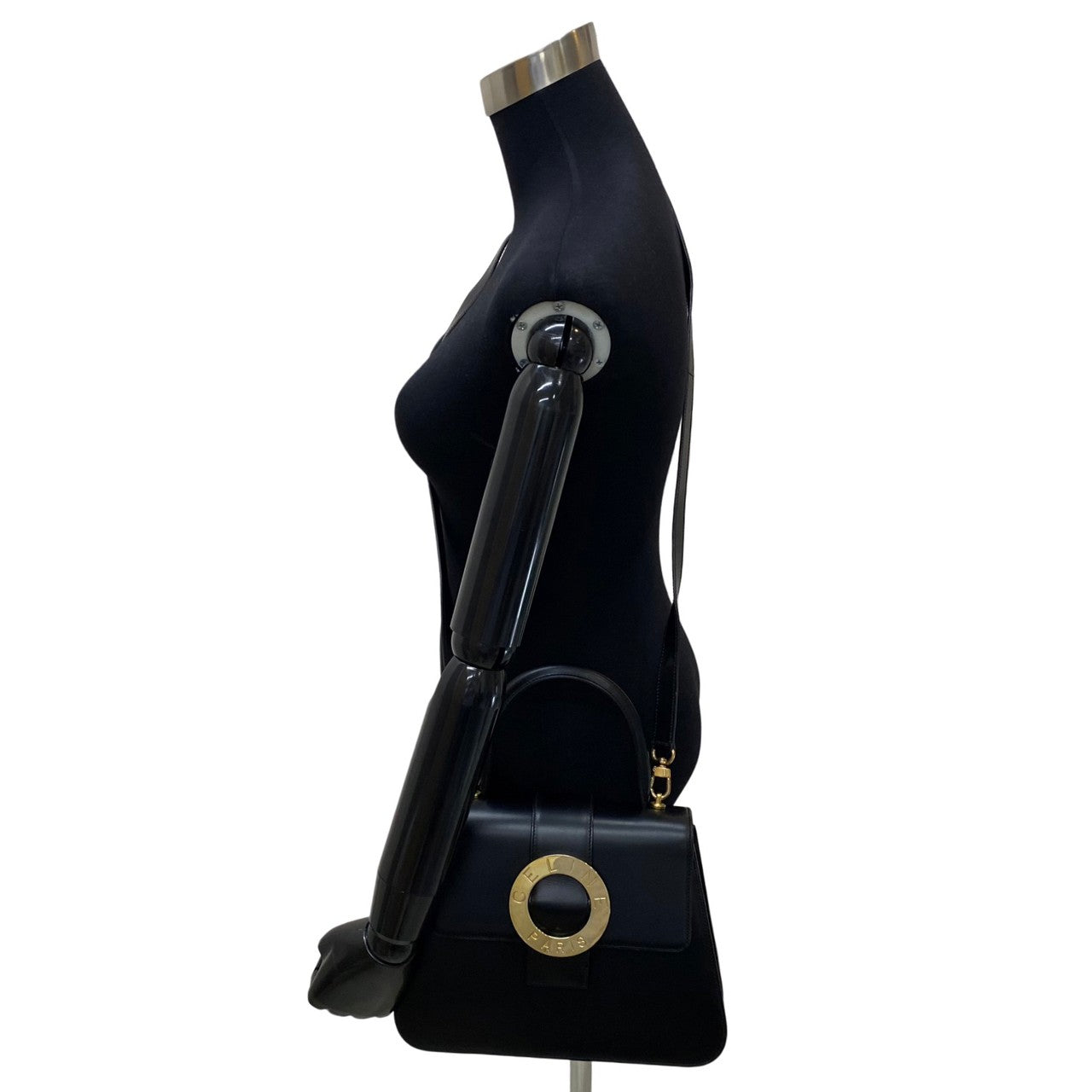 Celine Shoulder Bag Calfskin, Leather Black Circle Logo Metal 2Way Women