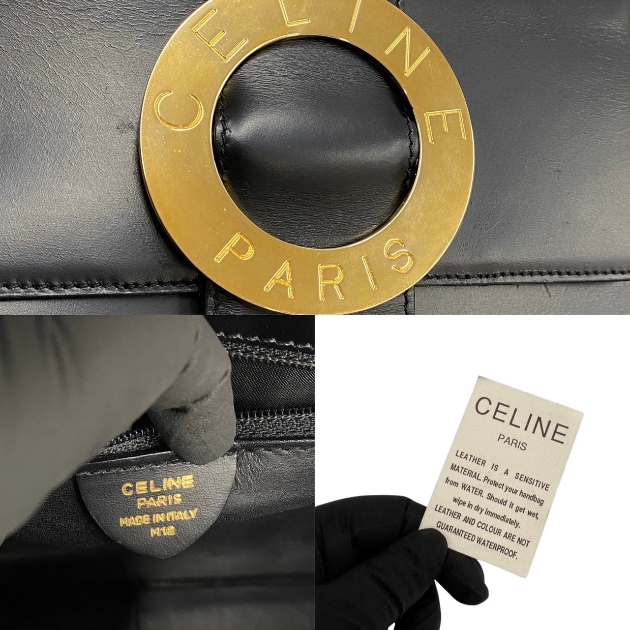 Celine Shoulder Bag Calfskin, Leather Black Circle Logo Metal 2Way Women